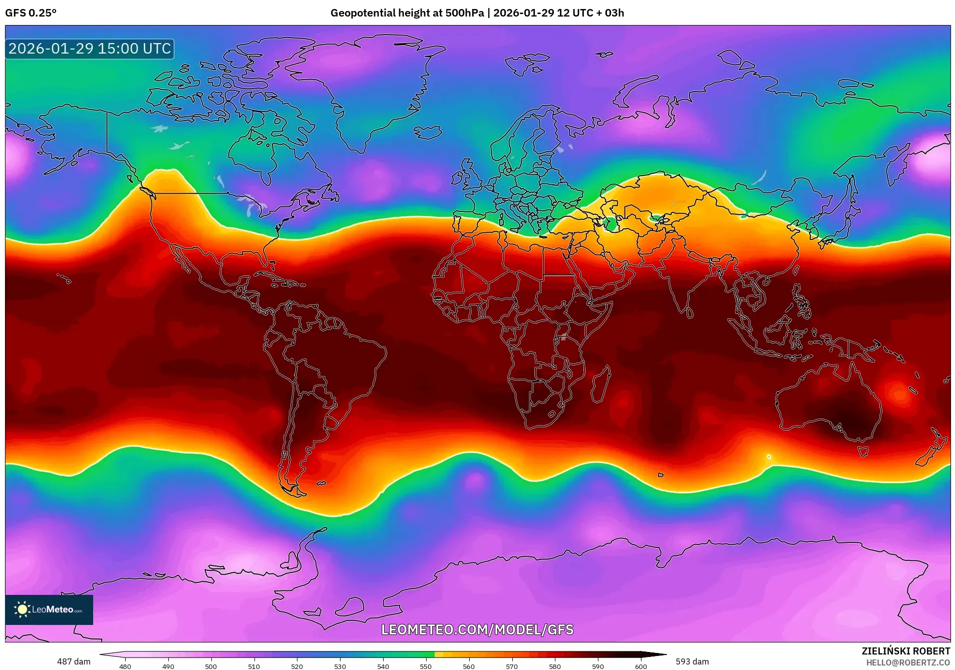 GFS model - World, Geopotential height at 500hPa