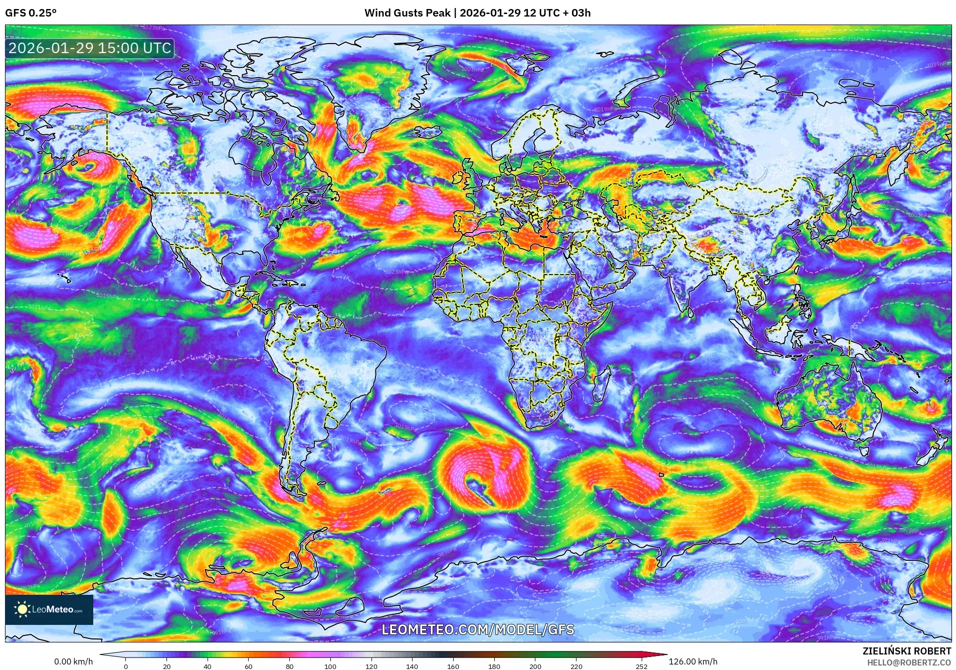 GFS model - World, Wind Gusts Peak