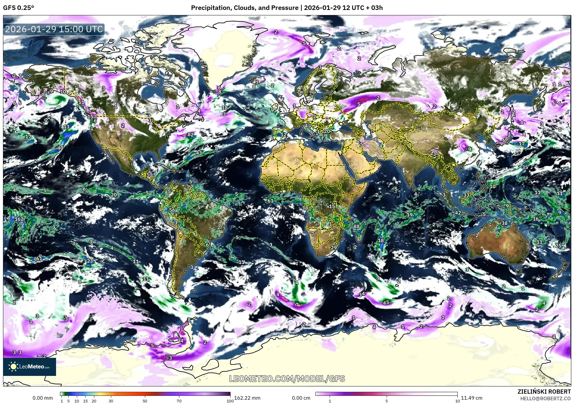 GFS model - World, Precipitation, Clouds, and Pressure
