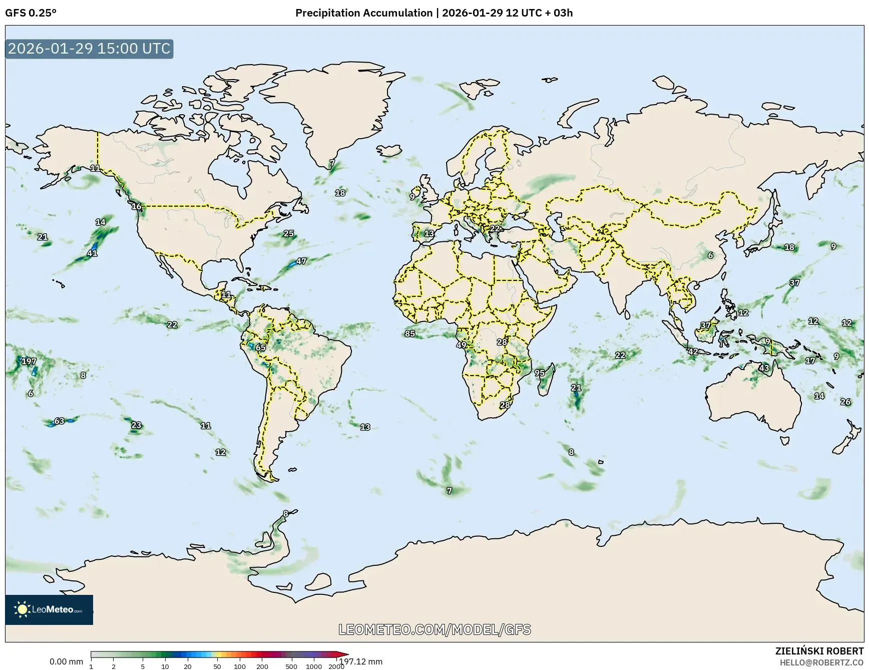 GFS model - World, Precipitation Accumulation
