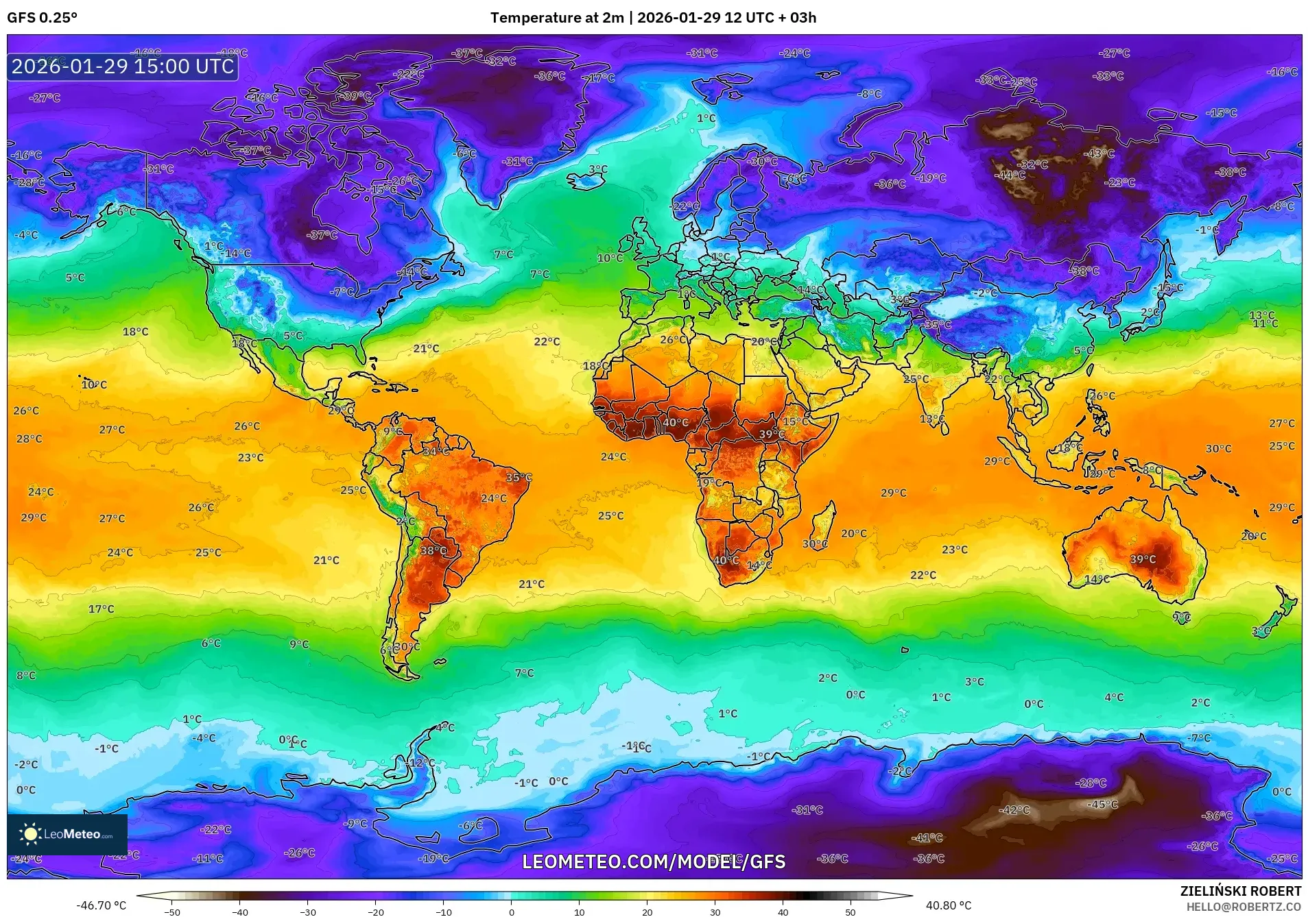GFS model - World, Temperature at 2m
