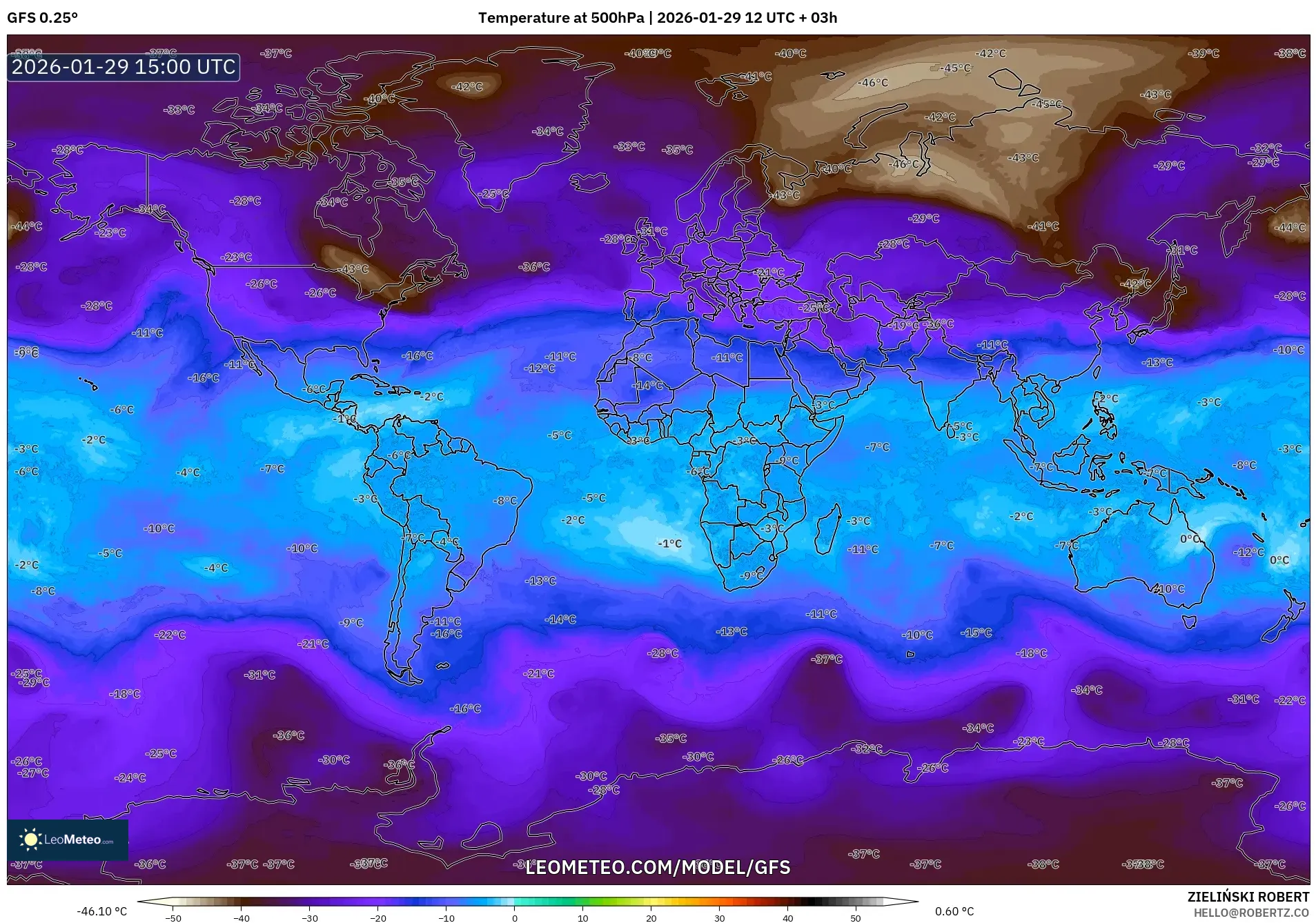 GFS model - World, Temperature at 500hPa