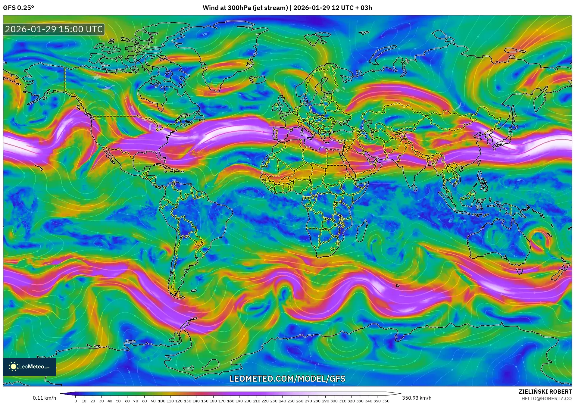 GFS model - World, Wind at 300hPa (jet stream)