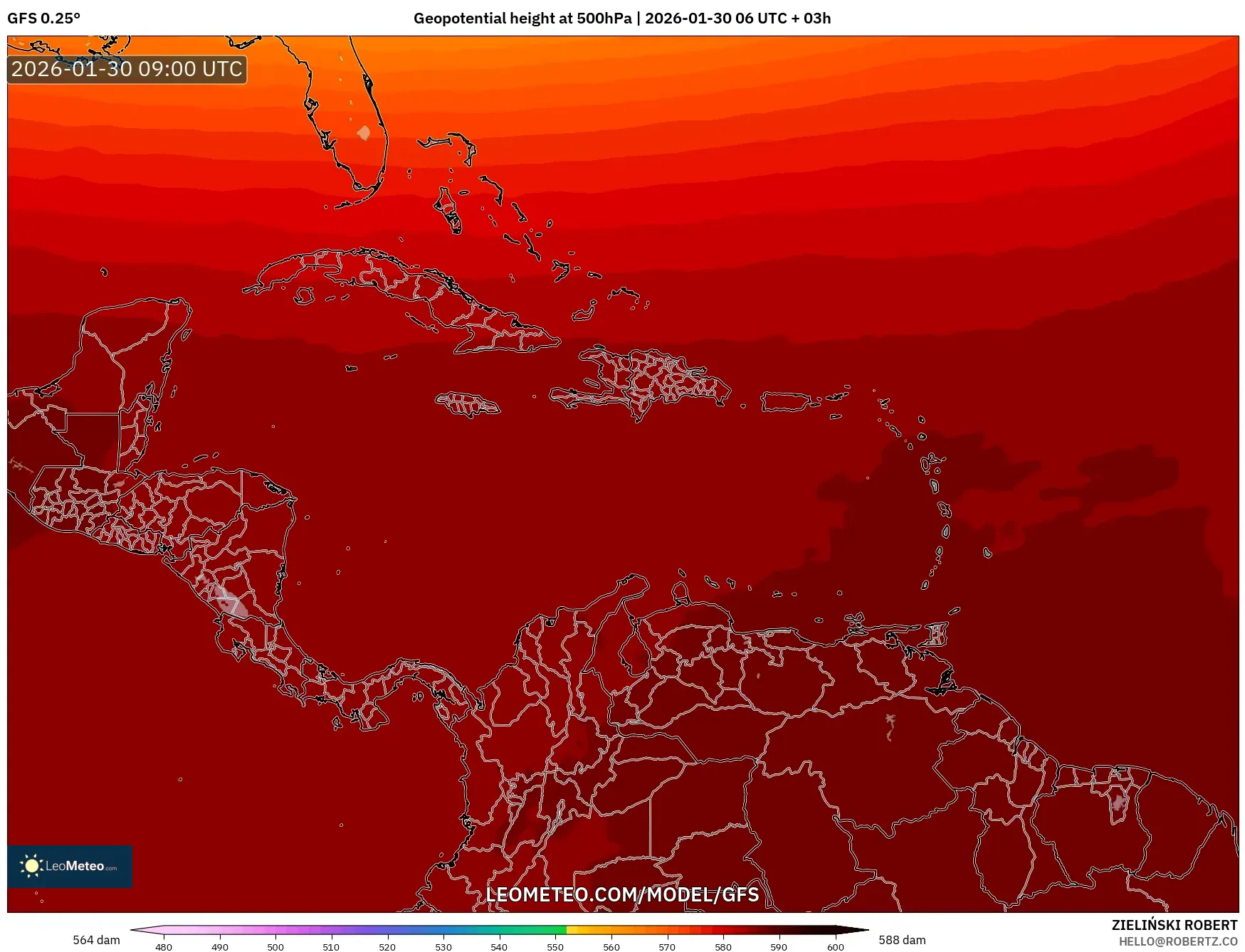 GFS model - Caribbean, Geopotential height at 500hPa