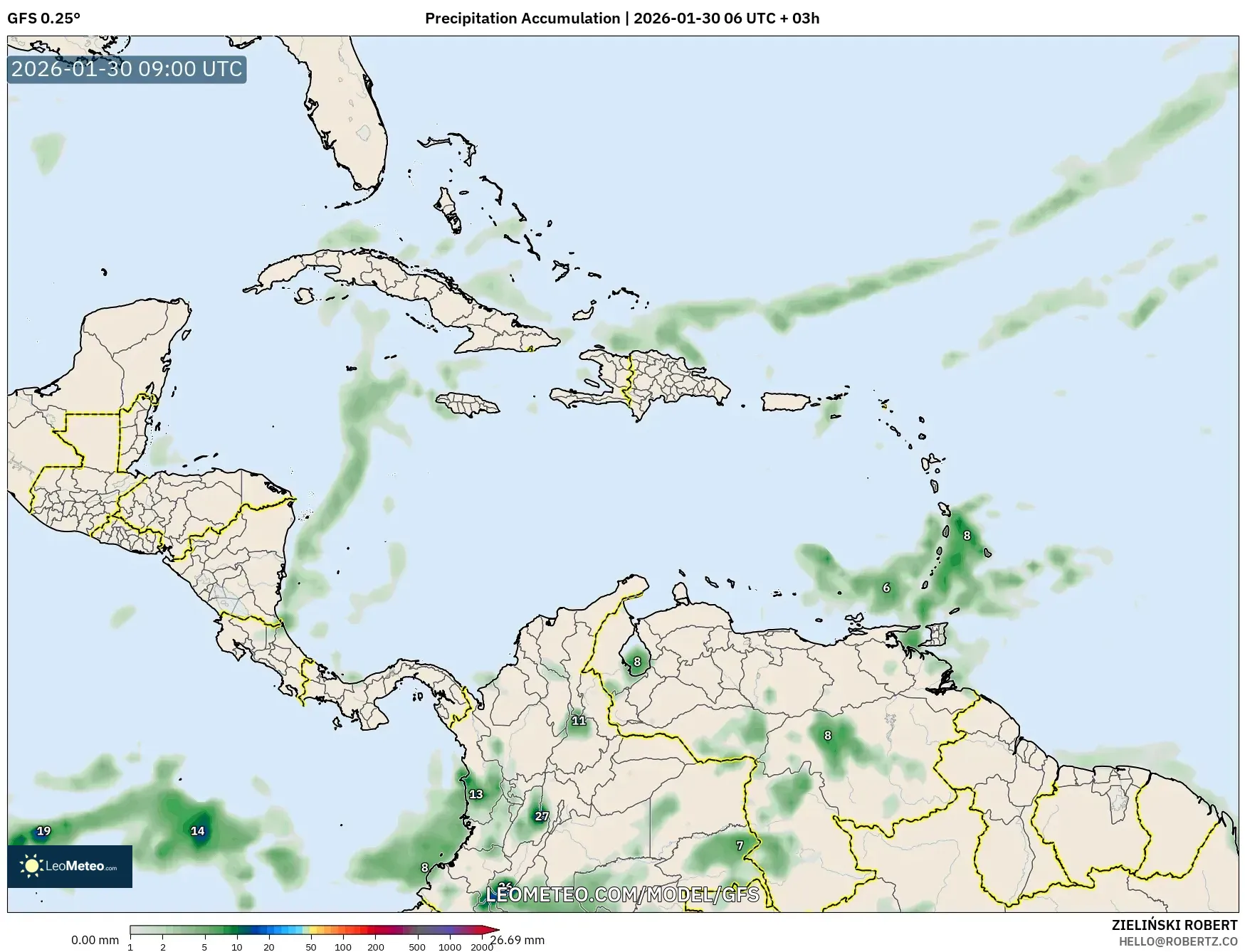 GFS model - Caribbean, Precipitation Accumulation
