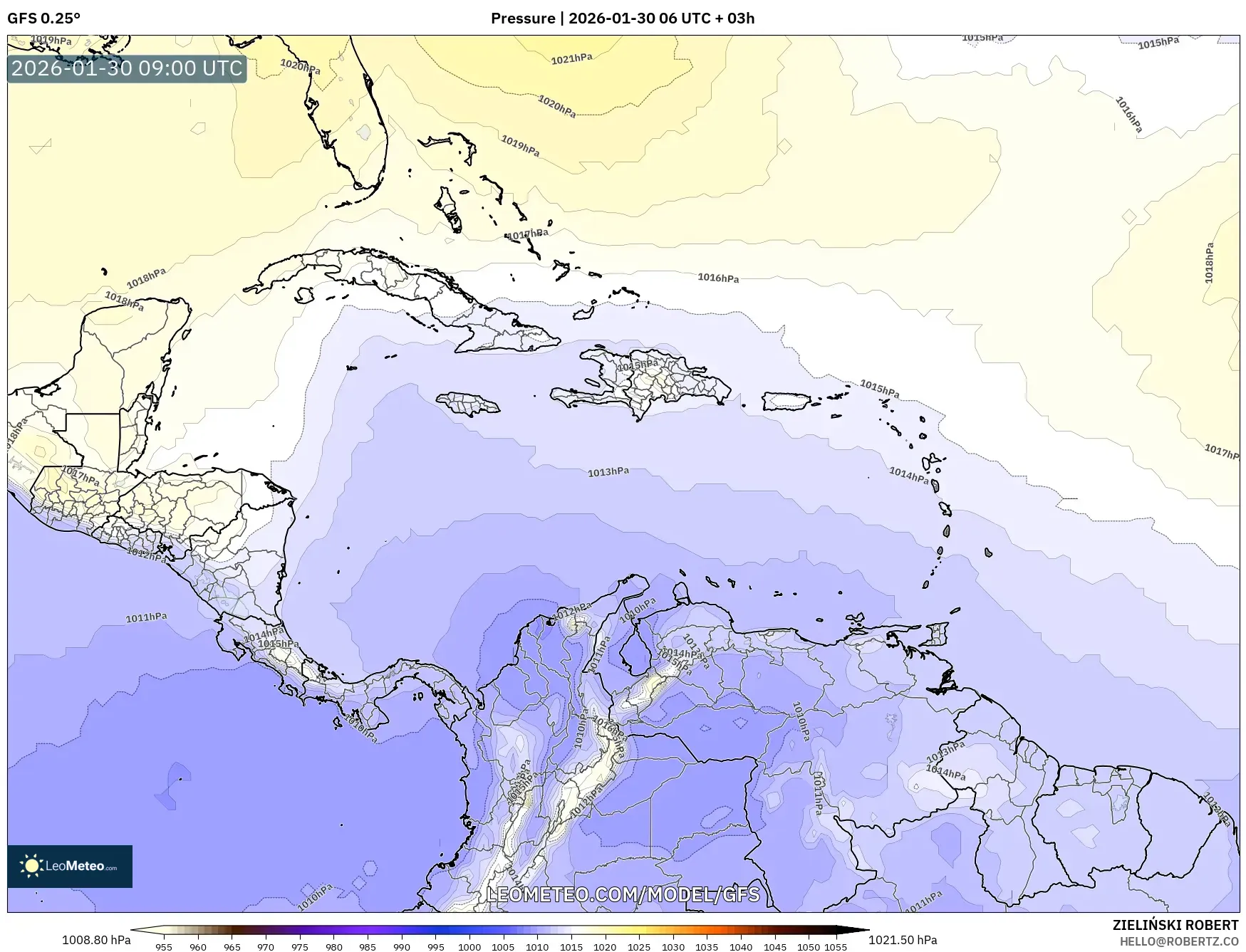 GFS model - Caribbean, Pressure