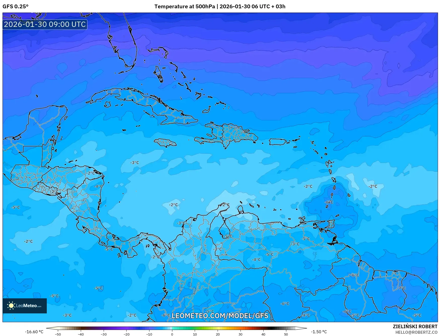 GFS model - Caribbean, Temperature at 500hPa