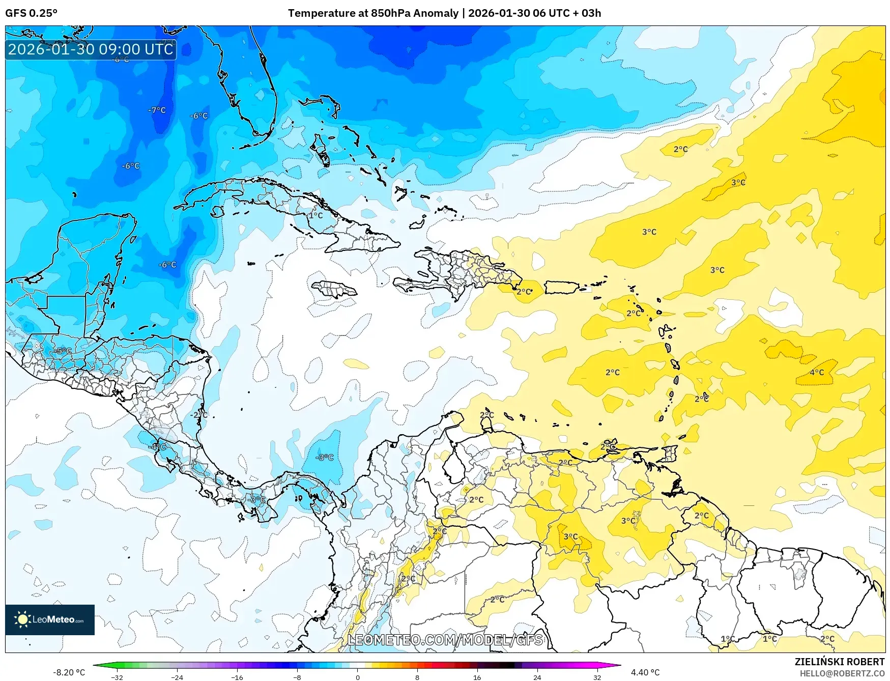 GFS model - Caribbean, Temperature at 850hPa Anomaly