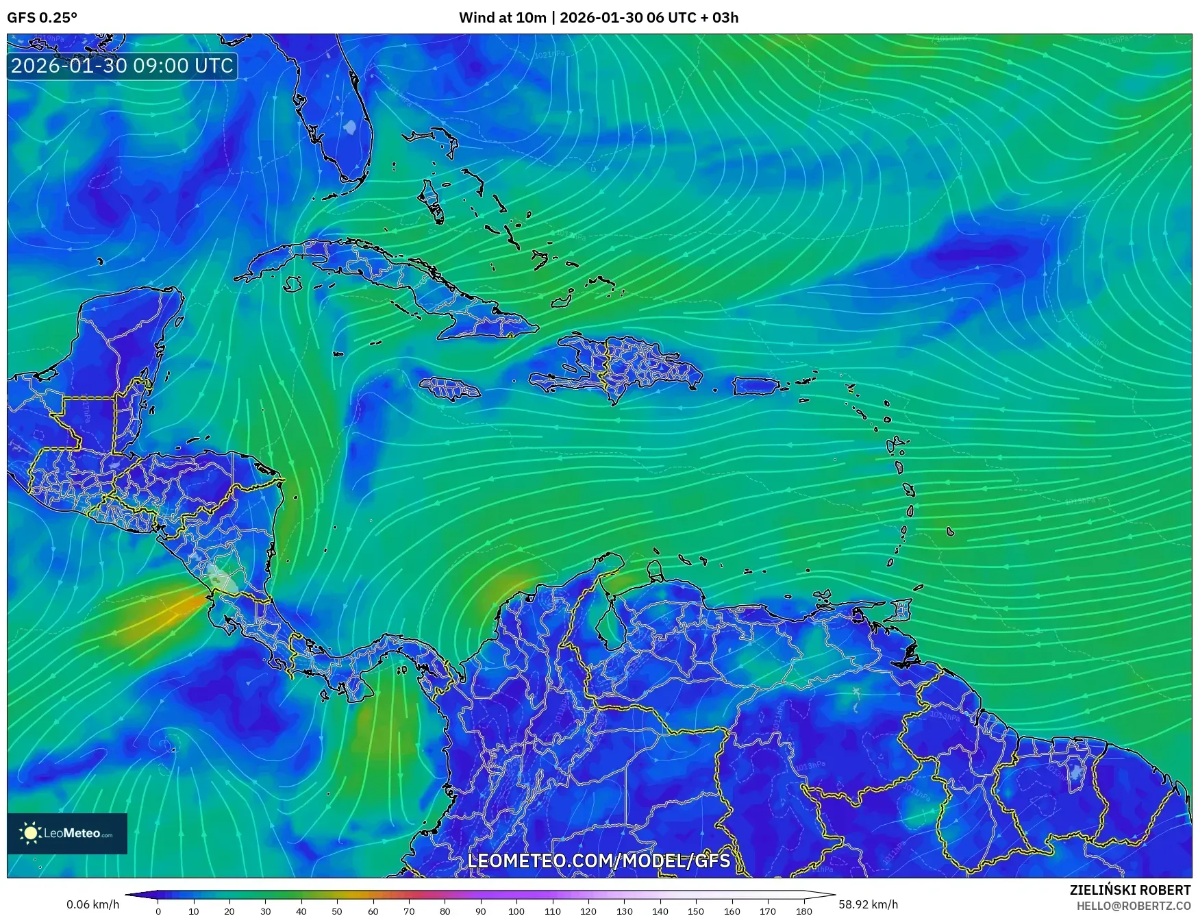 GFS model - Caribbean, Wind at 10m