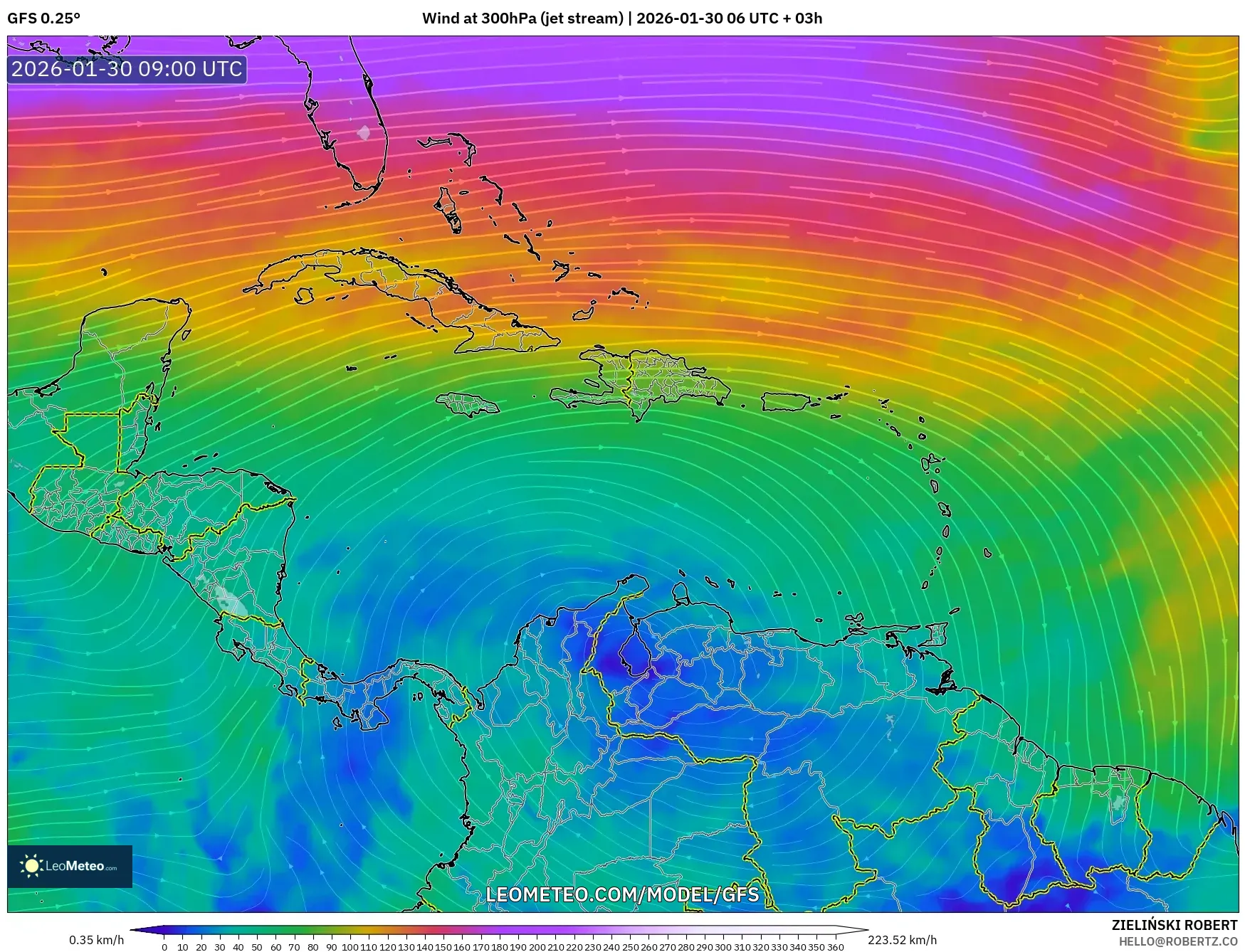 GFS model - Caribbean, Wind at 300hPa (jet stream)