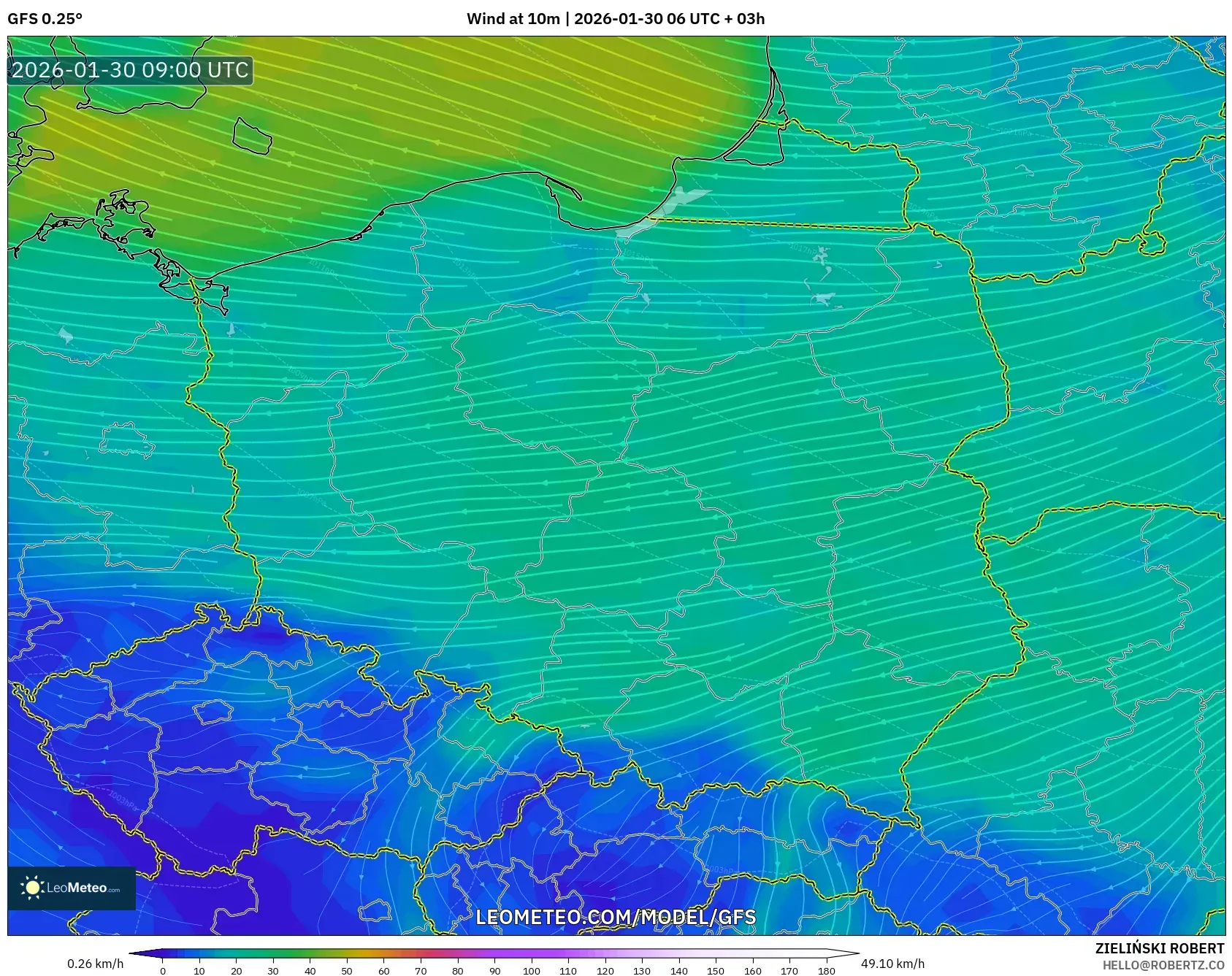 GFS model - Poland, Wind at 10m