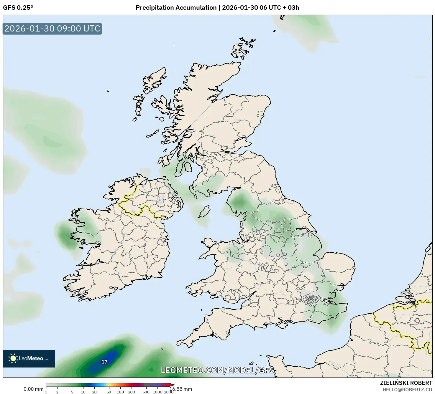 GFS model - United Kingdom, Precipitation Accumulation