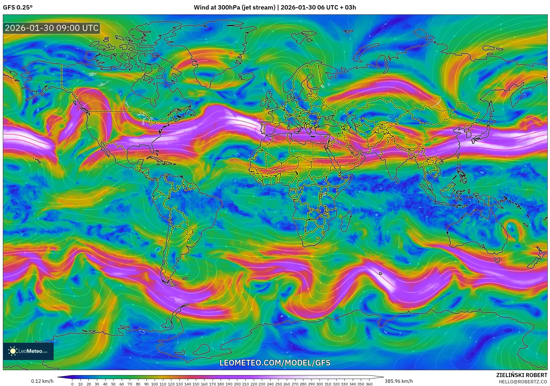 GFS model - World, Wind at 300hPa (jet stream)
