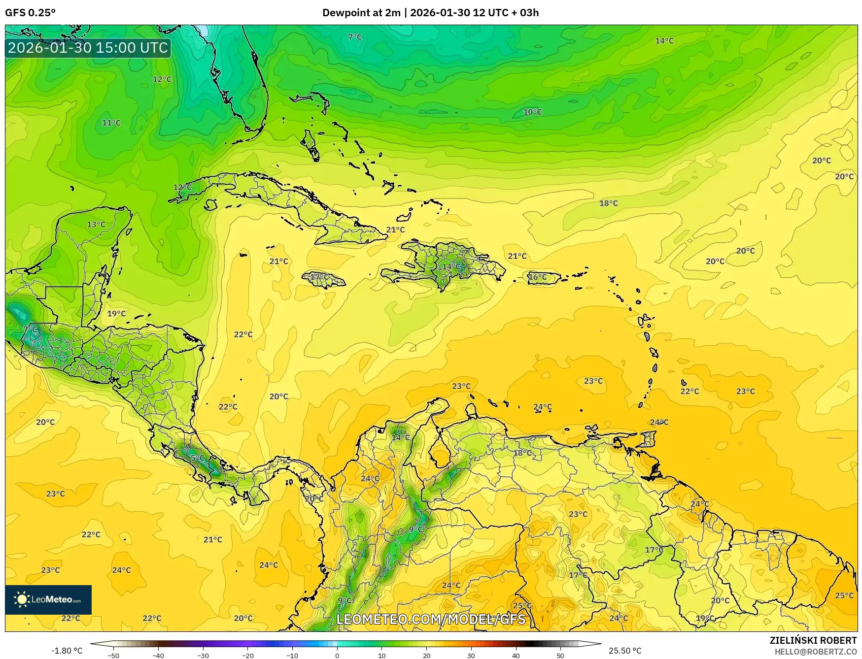 GFS model - Caribbean, Dewpoint at 2m