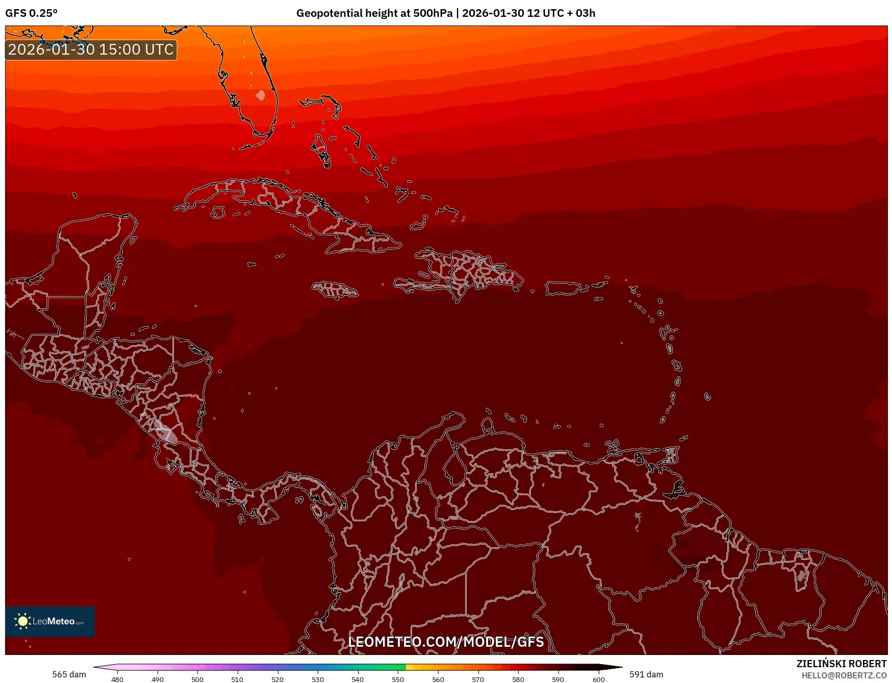 GFS model - Caribbean, Geopotential height at 500hPa