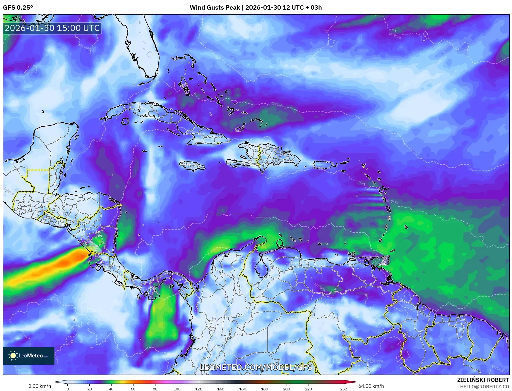 GFS model - Caribbean, Wind Gusts Peak