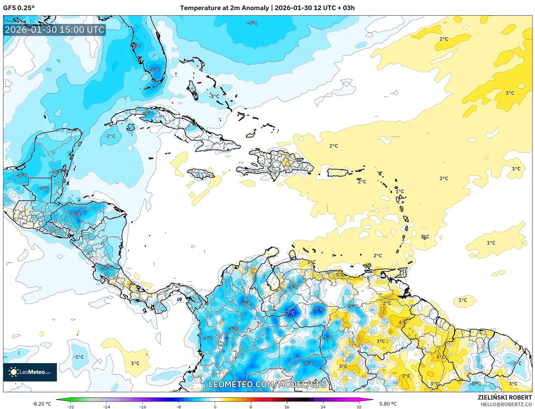 GFS model - Caribbean, Temperature at 2m Anomaly