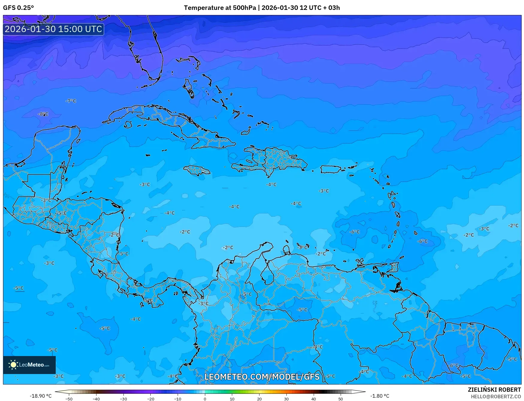 GFS model - Caribbean, Temperature at 500hPa