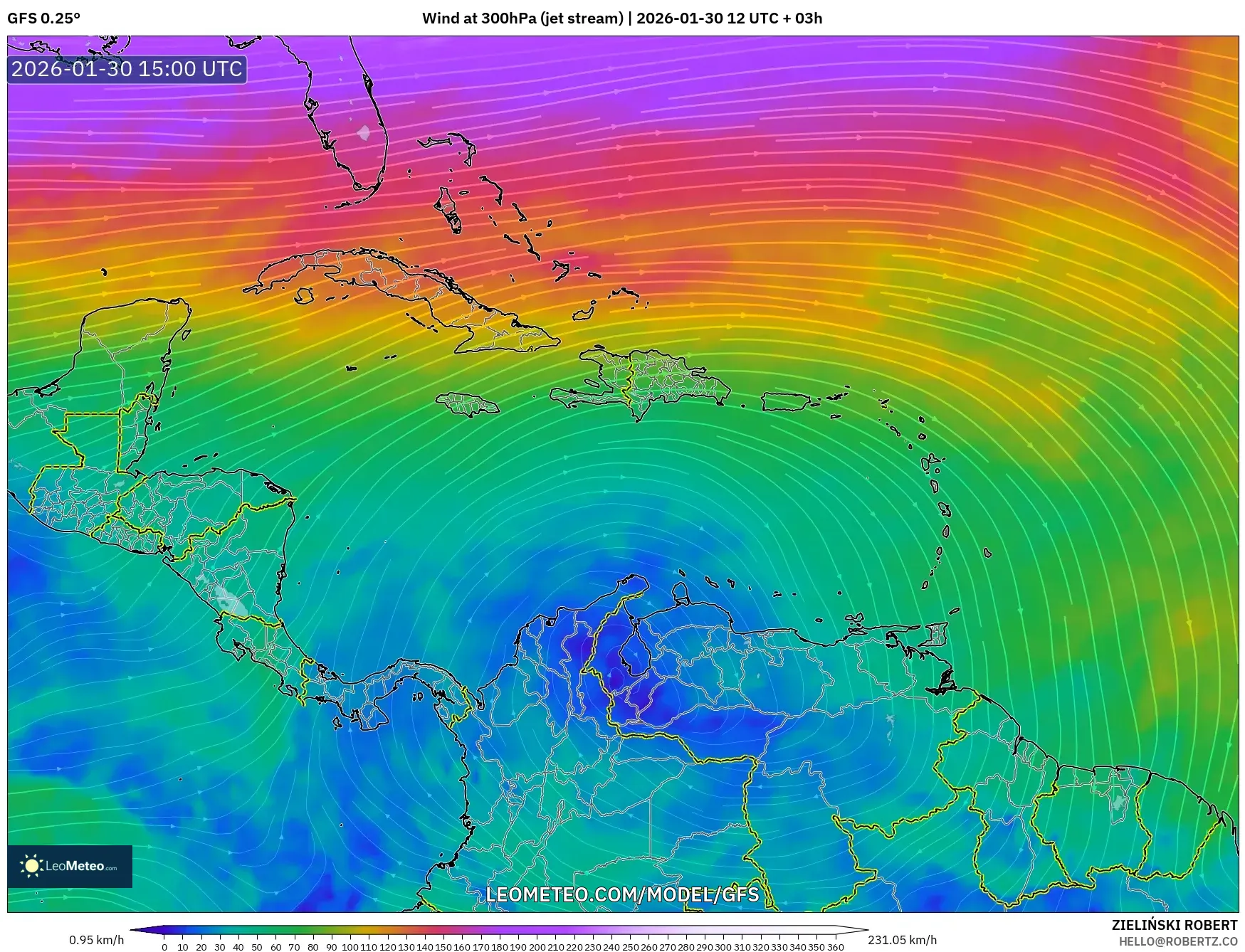 GFS model - Caribbean, Wind at 300hPa (jet stream)