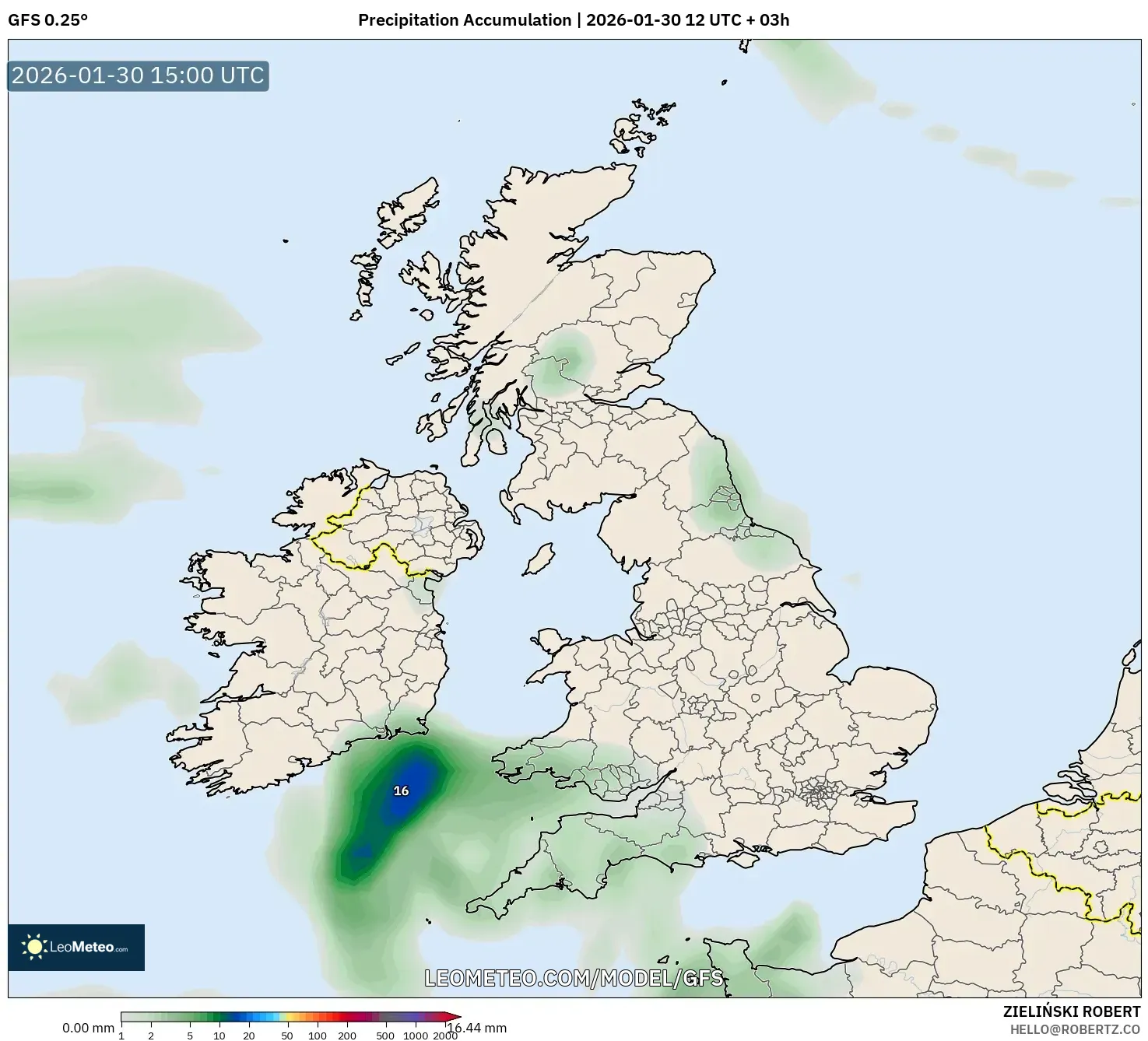 GFS model - United Kingdom, Precipitation Accumulation