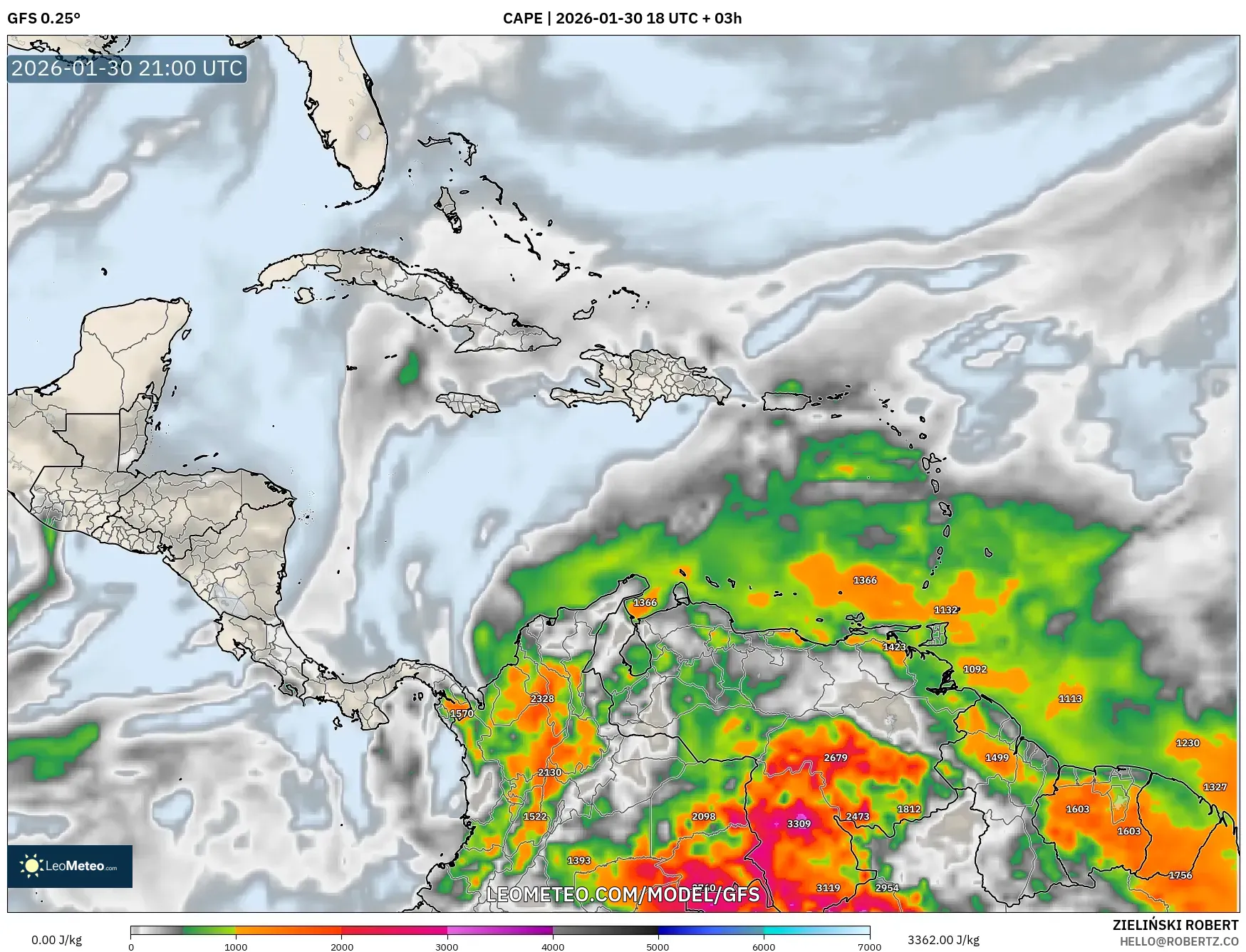 GFS model - Caribbean, CAPE