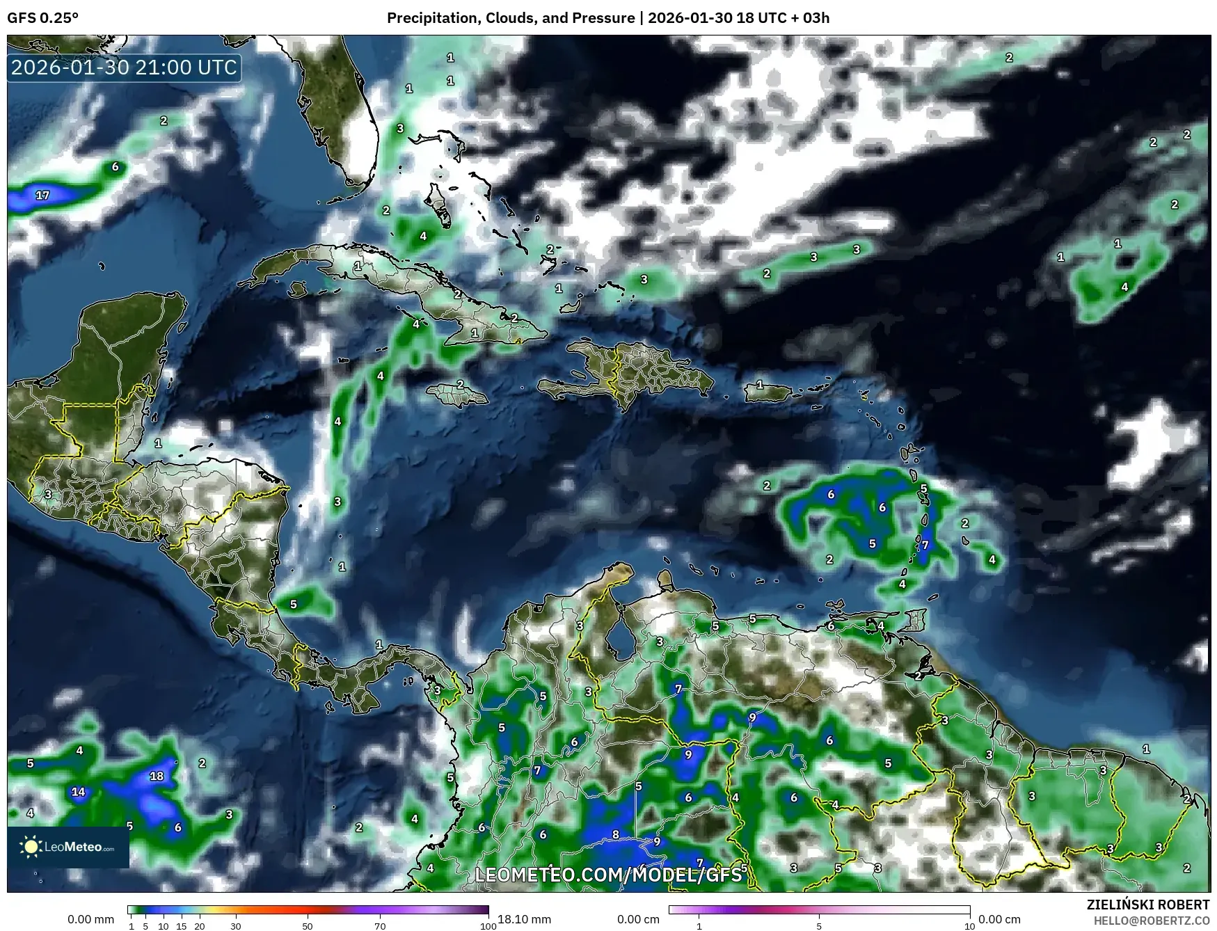 GFS model - Caribbean, Precipitation, Clouds, and Pressure