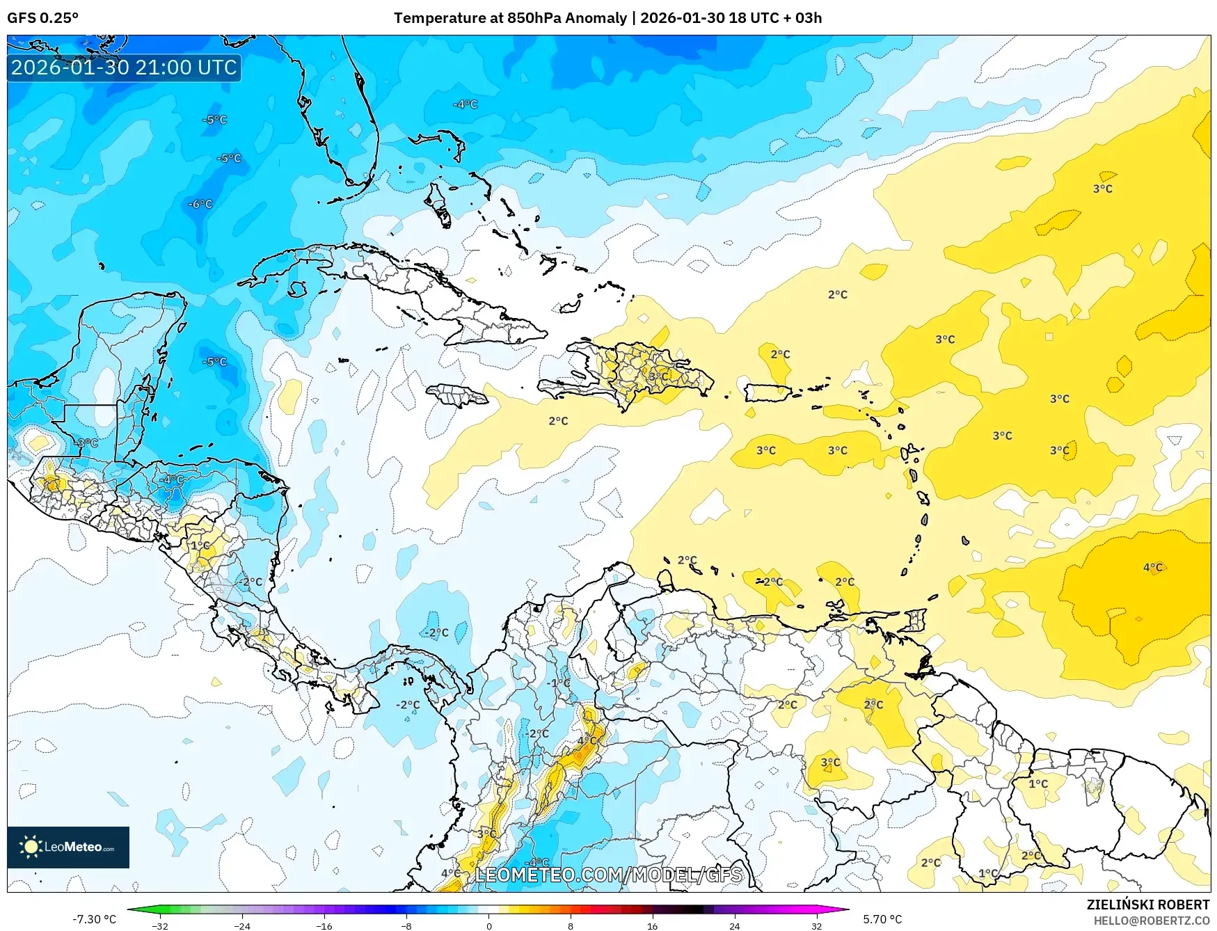 GFS model - Caribbean, Temperature at 850hPa Anomaly