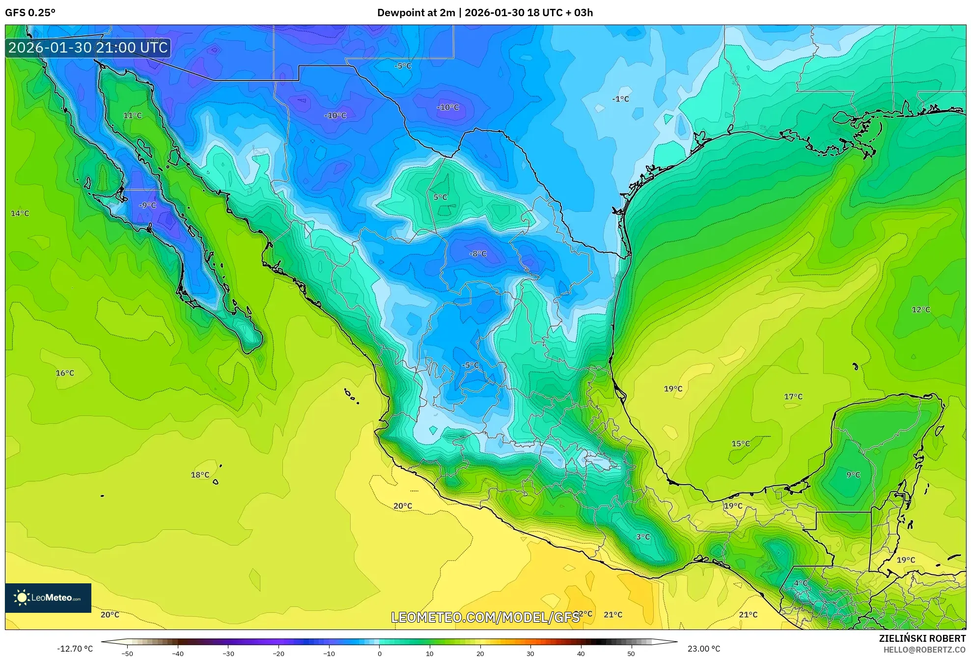 GFS model - Mexico, Dewpoint at 2m