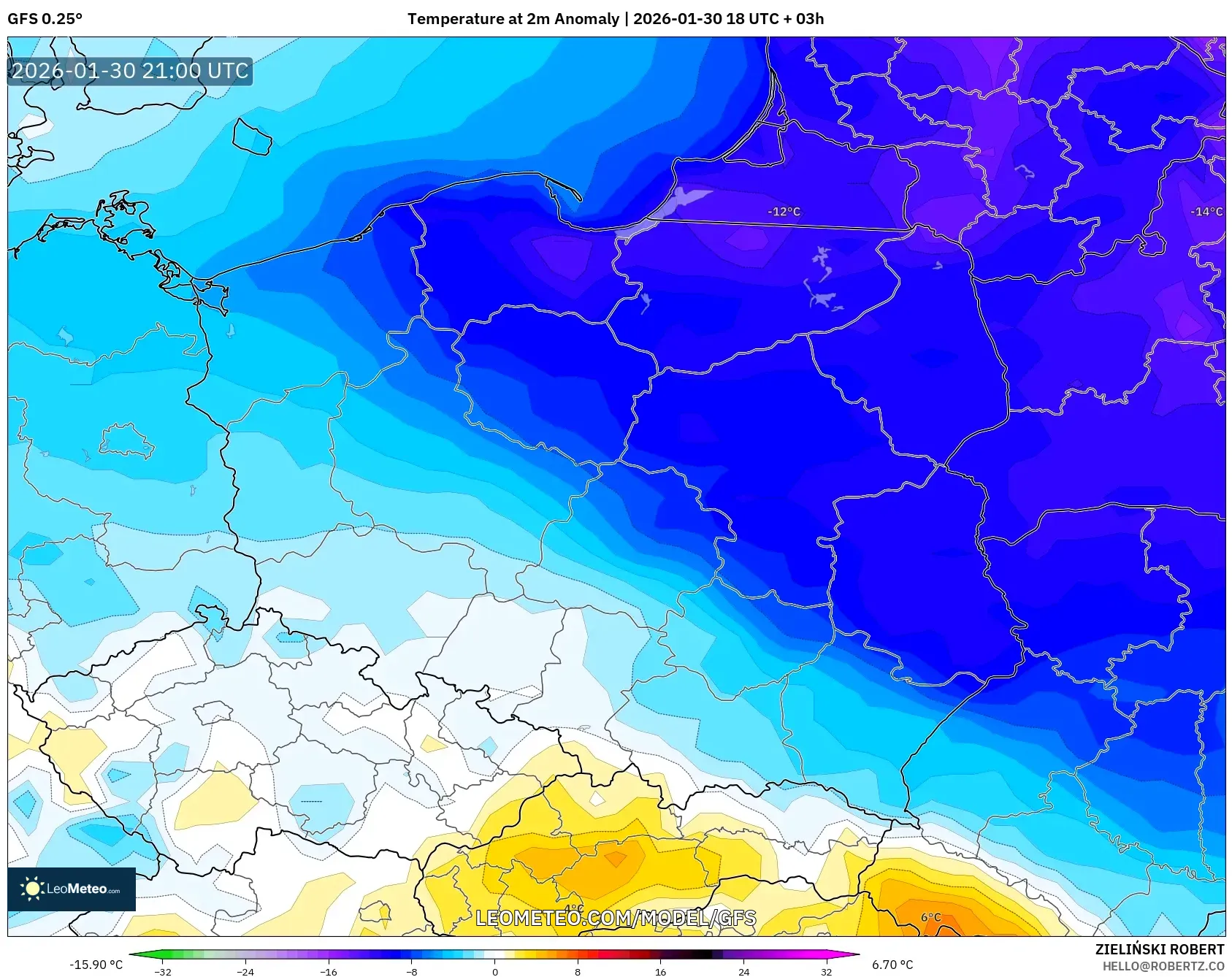 GFS model - Poland, Temperature at 2m Anomaly