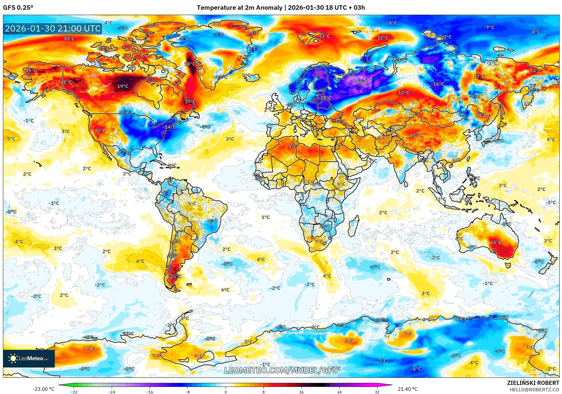 GFS model - World, Temperature at 2m Anomaly
