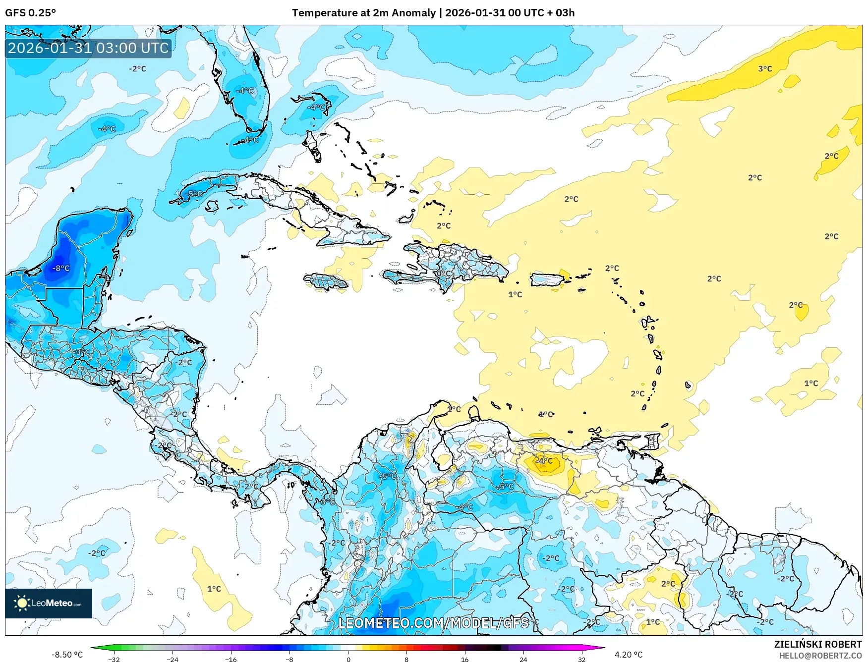 GFS model - Caribbean, Temperature at 2m Anomaly