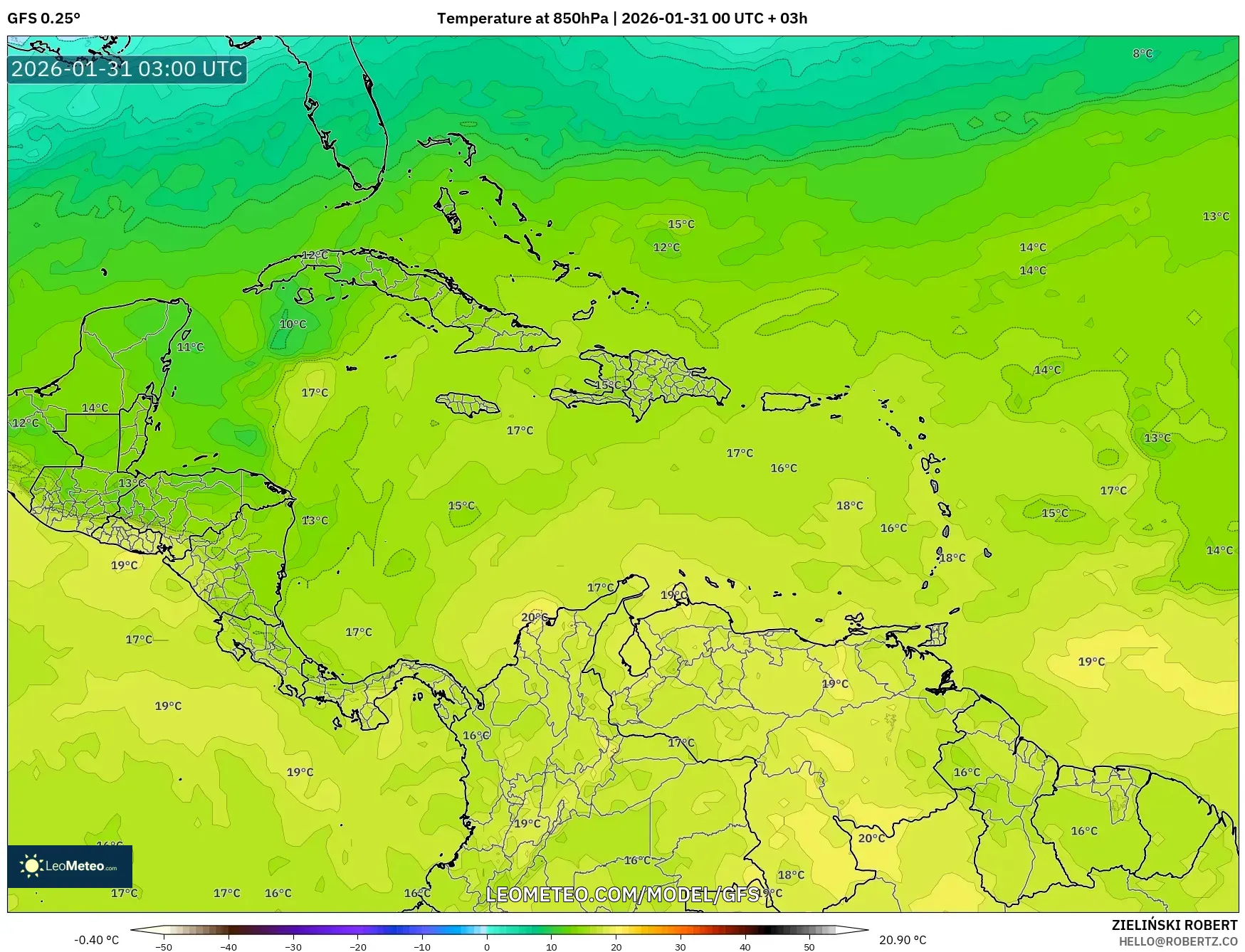 GFS model - Caribbean, Temperature at 850hPa