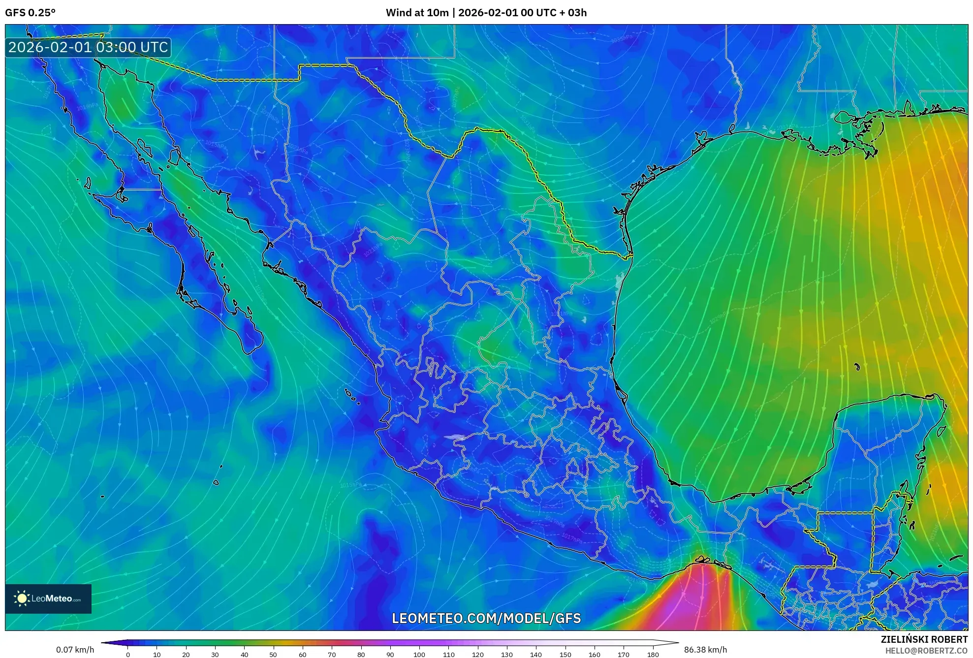 GFS model - Mexico, Wind at 10m