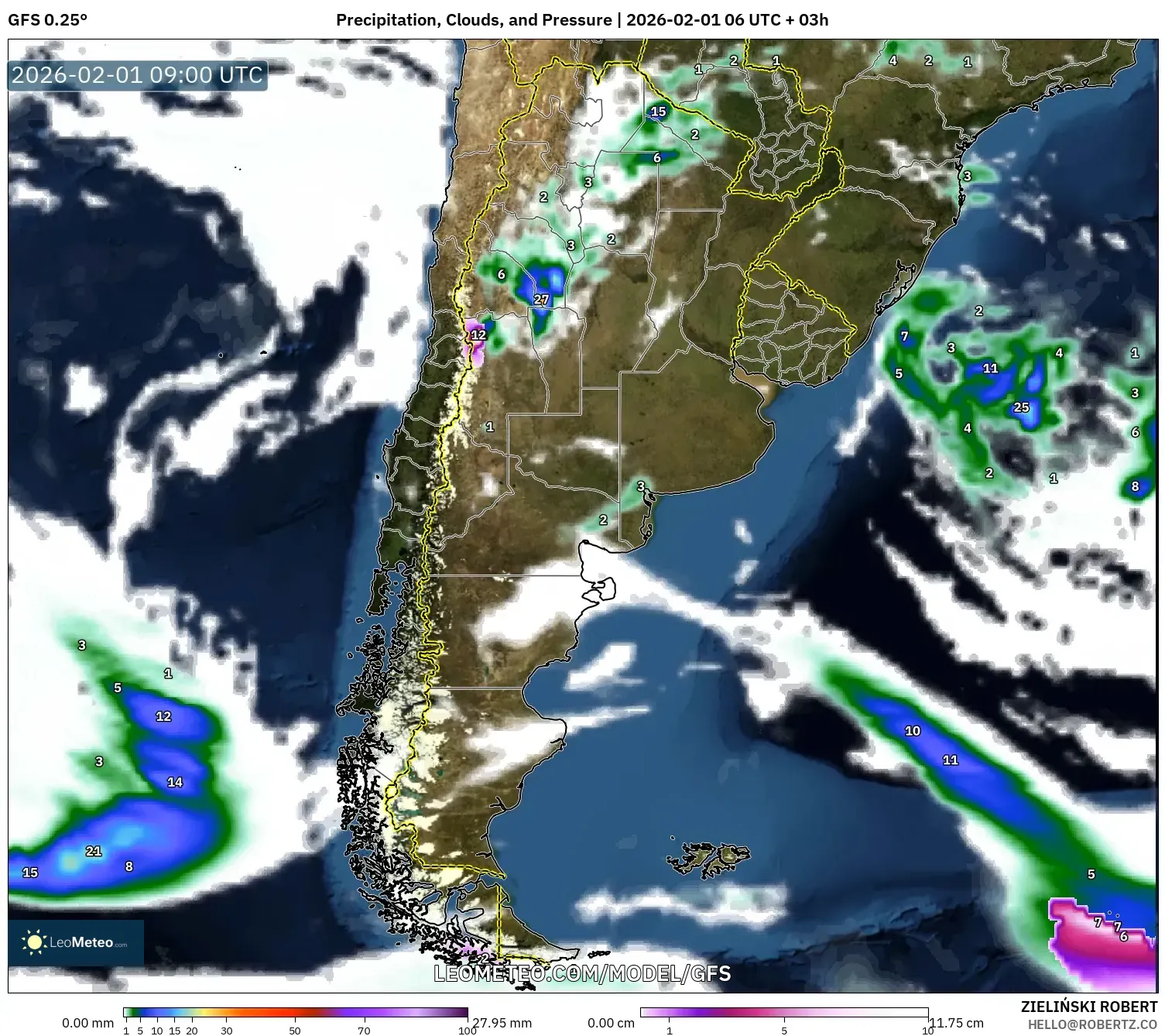 GFS model - Argentina, Precipitation, Clouds, and Pressure