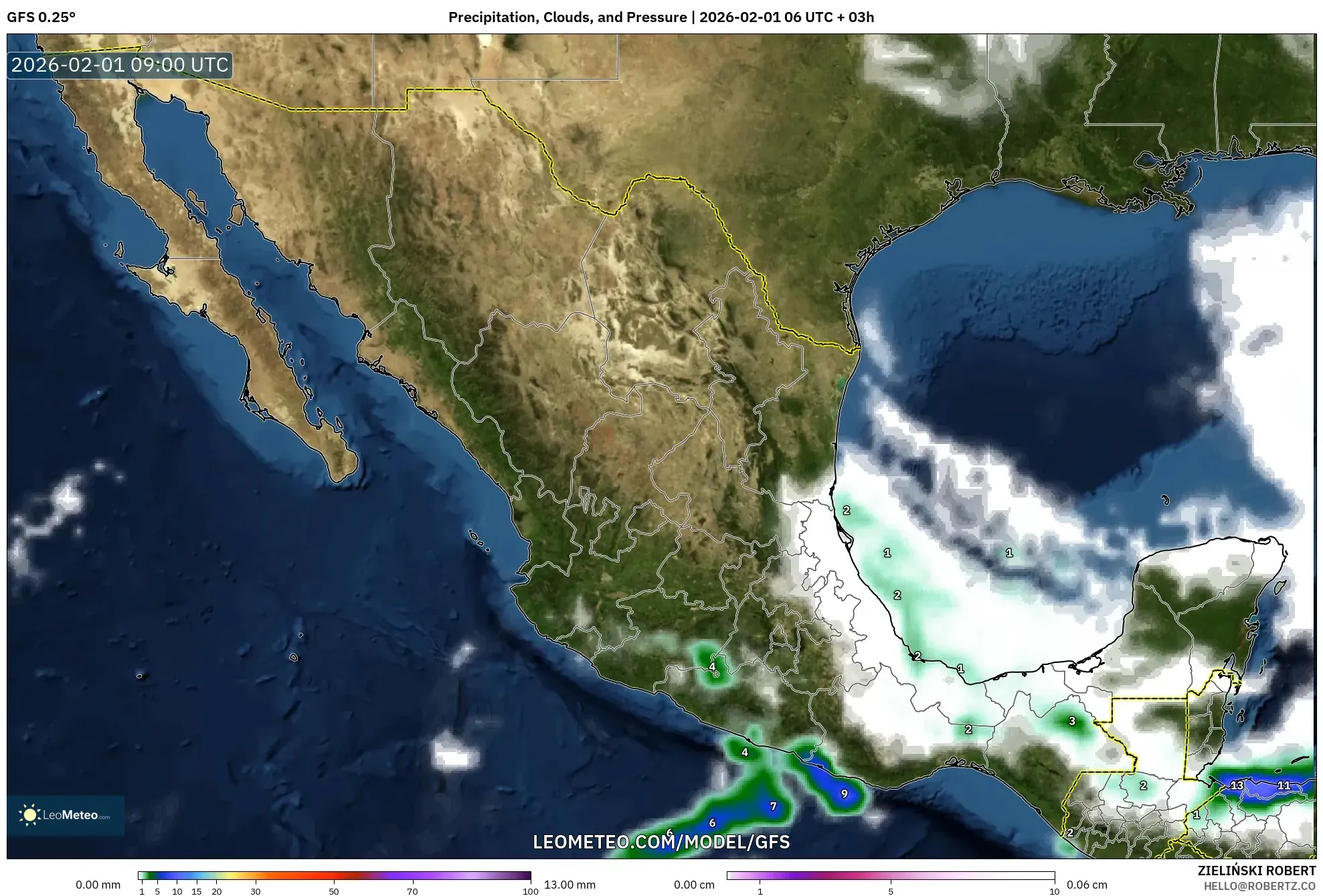 GFS model - Mexico, Precipitation, Clouds, and Pressure