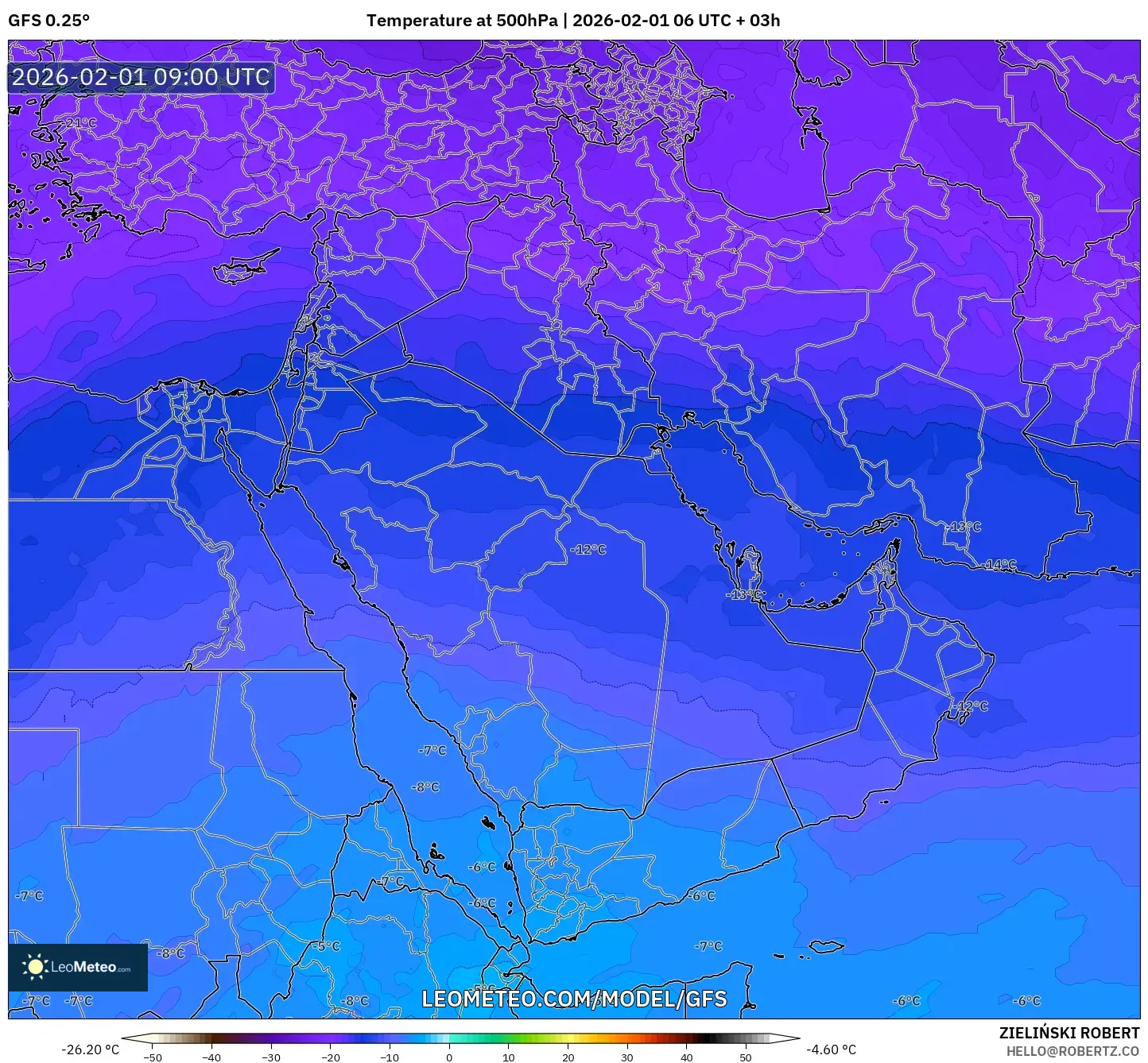 GFS model - Middle East, Temperature at 500hPa