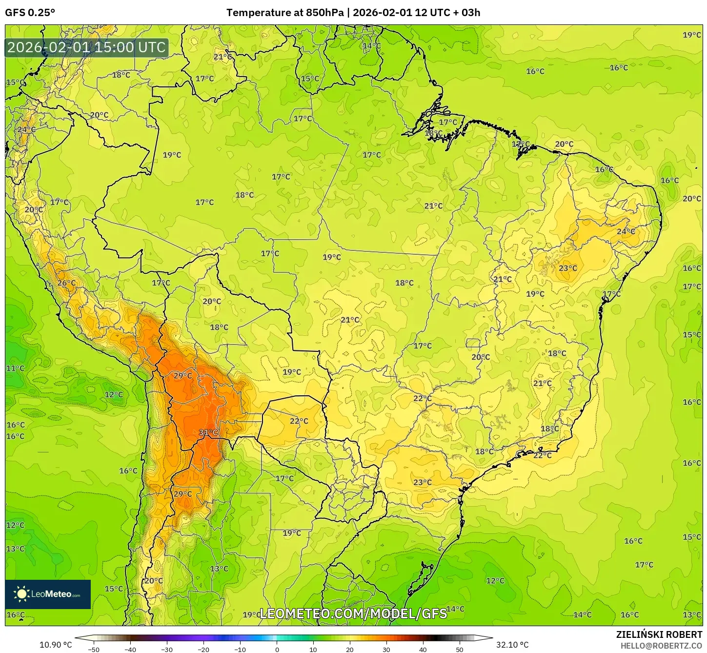 GFS model - Brazil, Temperature at 850hPa