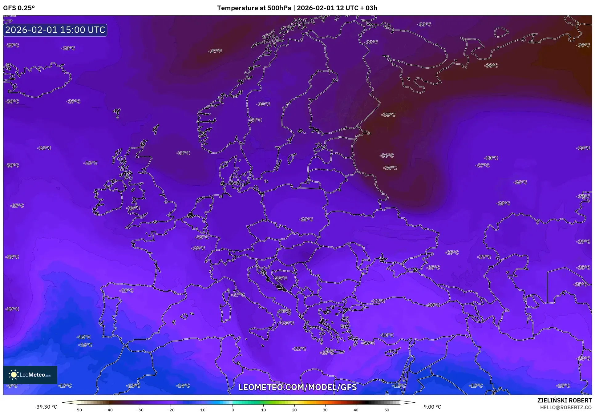 GFS model - Europe, Temperature at 500hPa