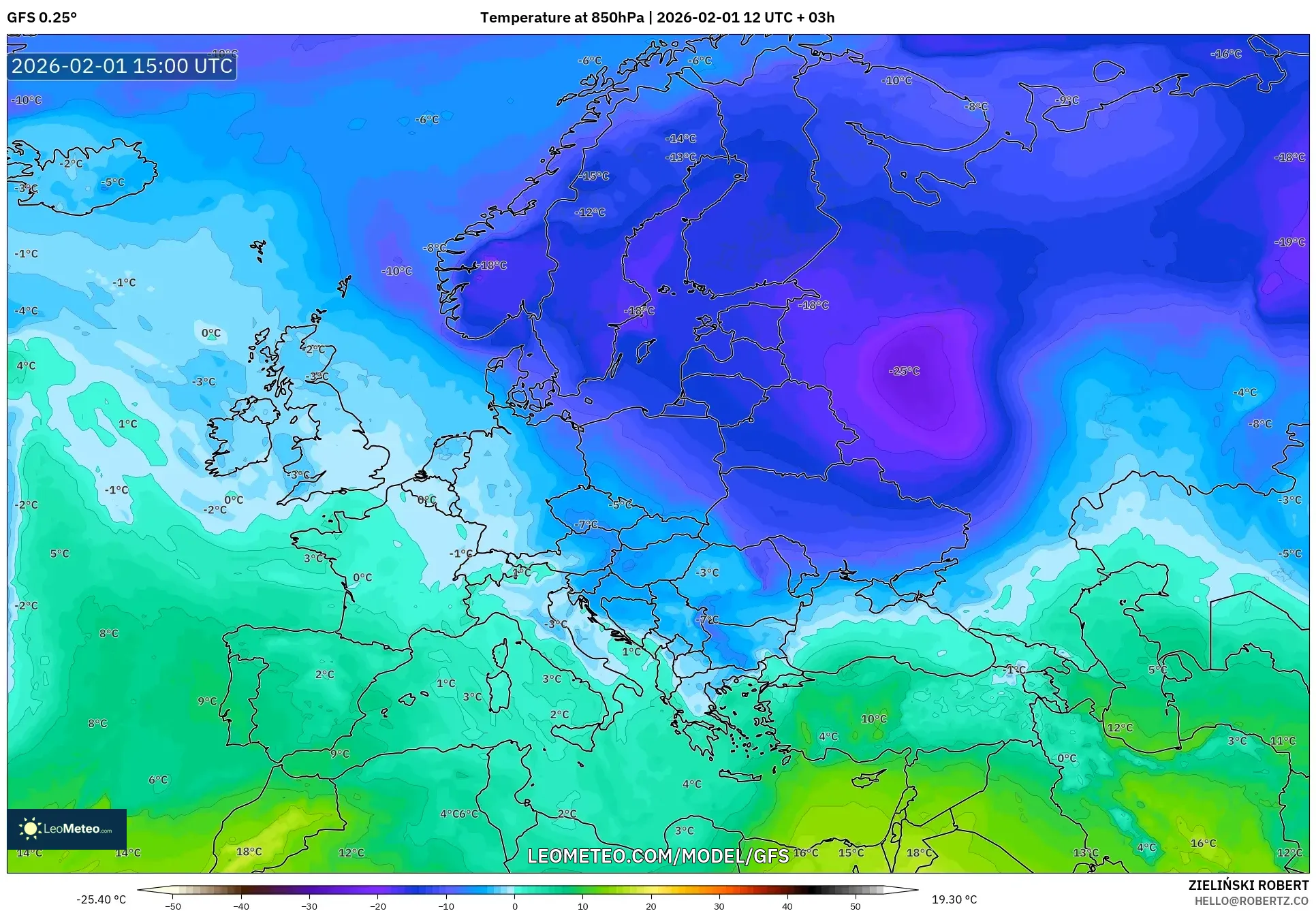 GFS model - Europe, Temperature at 850hPa