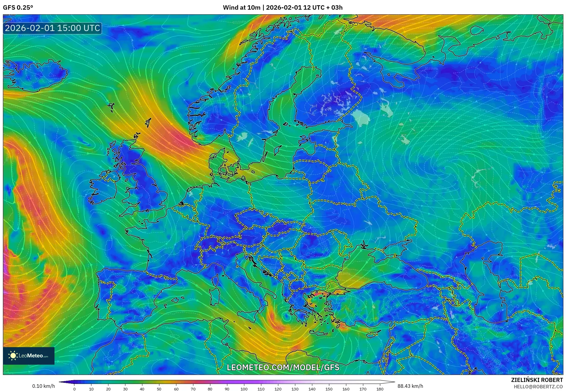 GFS model - Europe, Wind at 10m