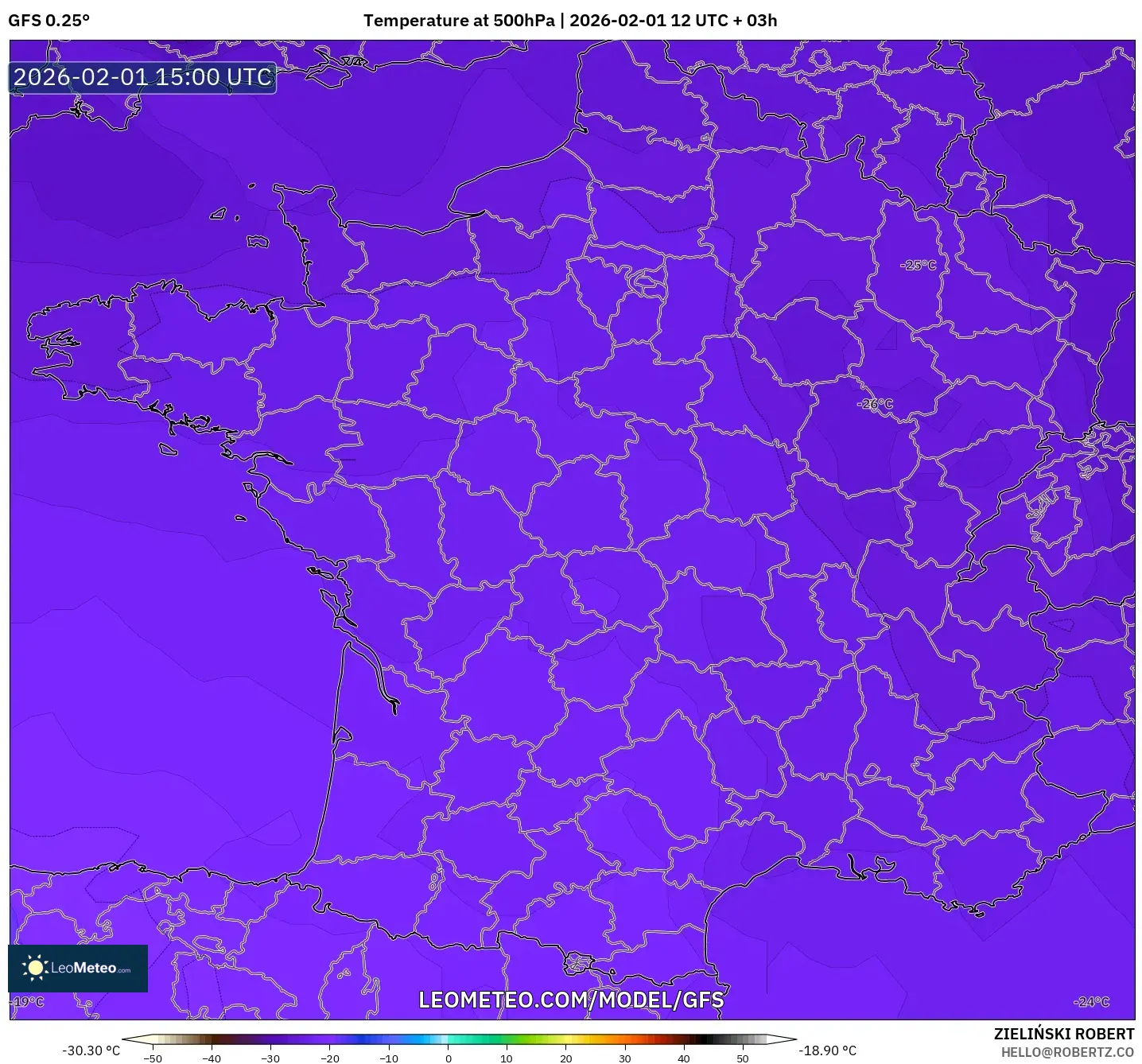 GFS model - France, Temperature at 500hPa
