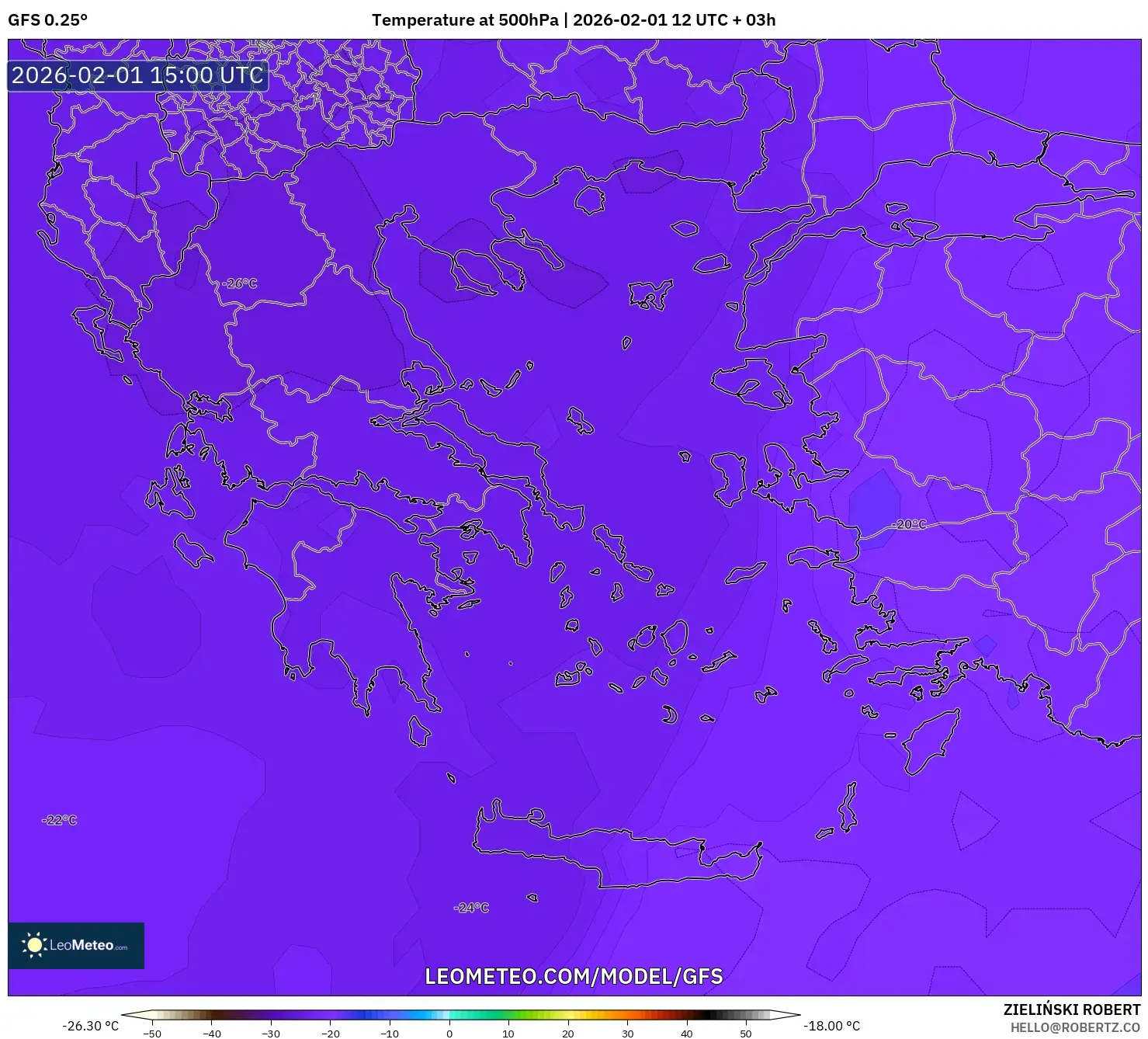 GFS model - Greece, Temperature at 500hPa