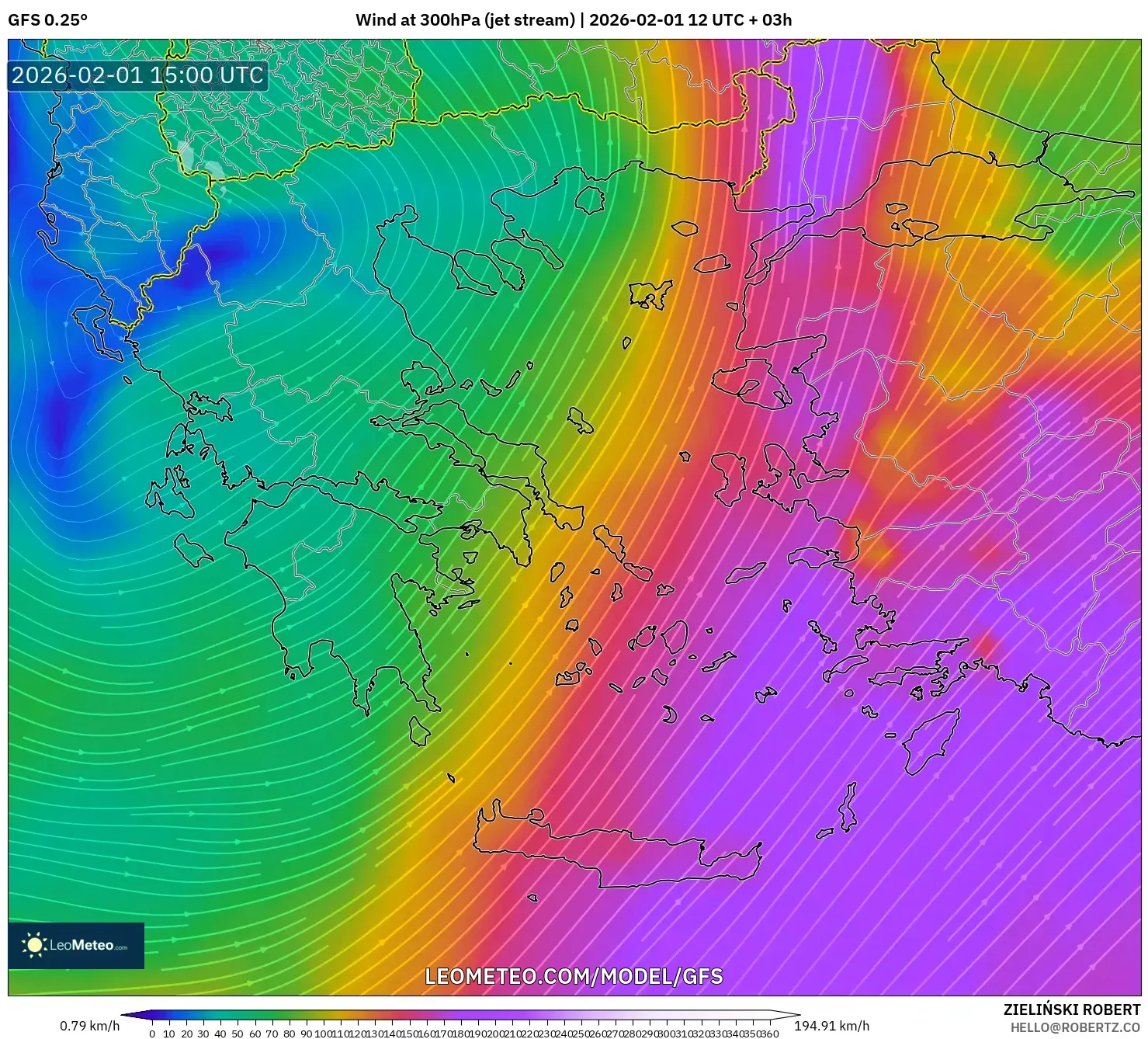 GFS model - Greece, Wind at 300hPa (jet stream)