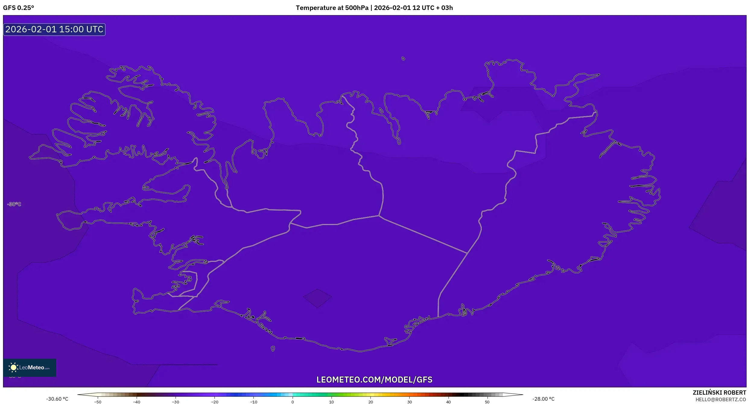 GFS model - Iceland, Temperature at 500hPa