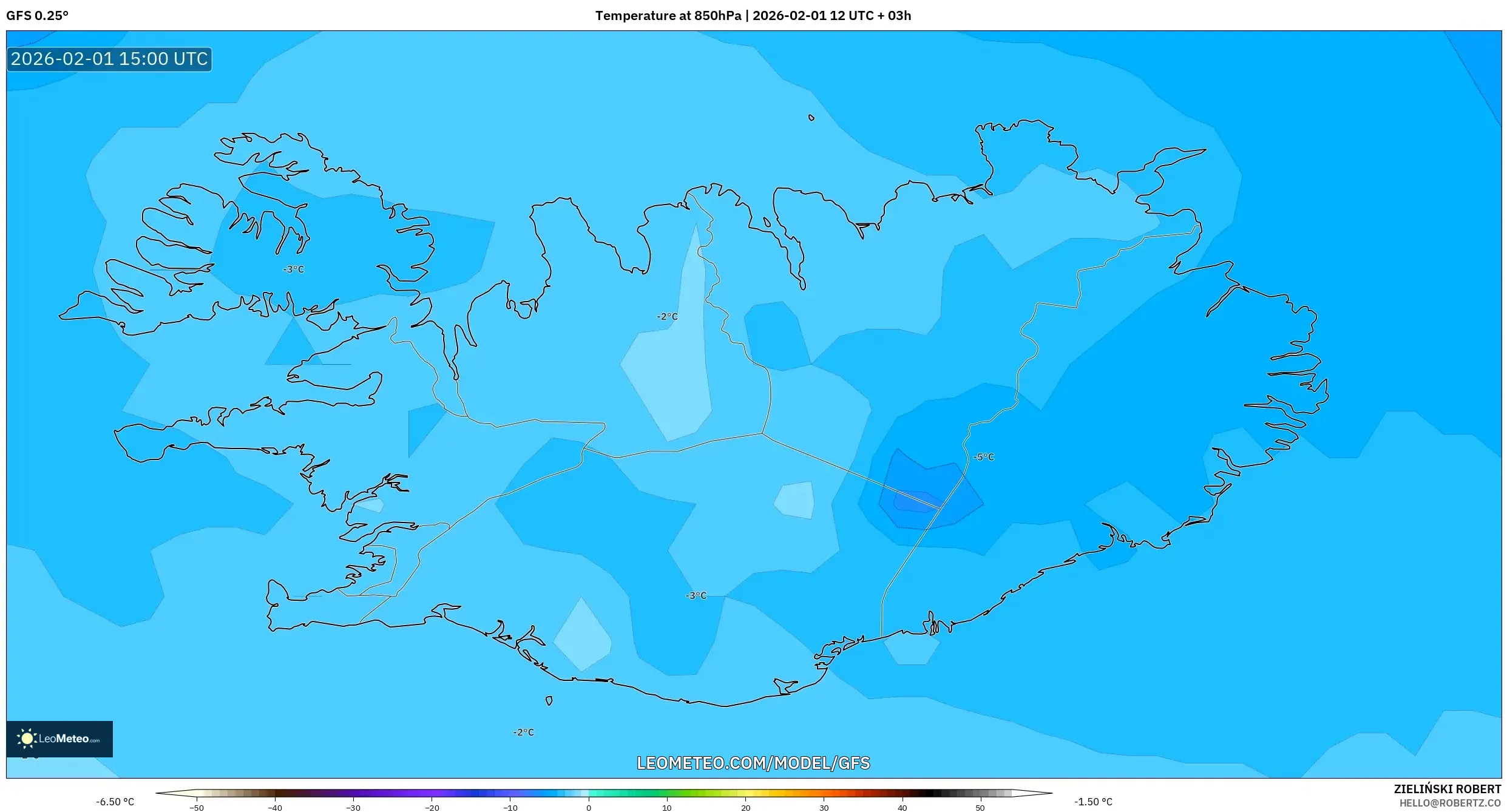 GFS model - Iceland, Temperature at 850hPa