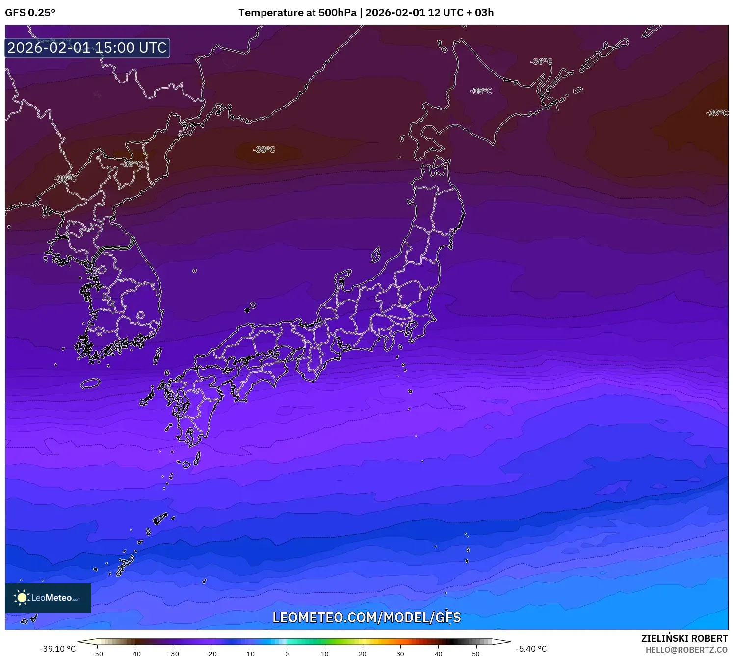 GFS model - Japan, Temperature at 500hPa