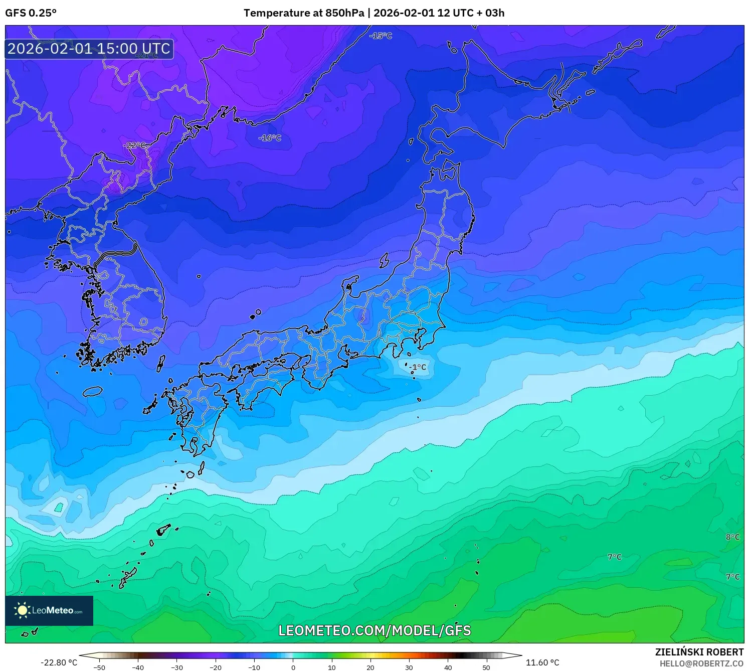 GFS model - Japan, Temperature at 850hPa