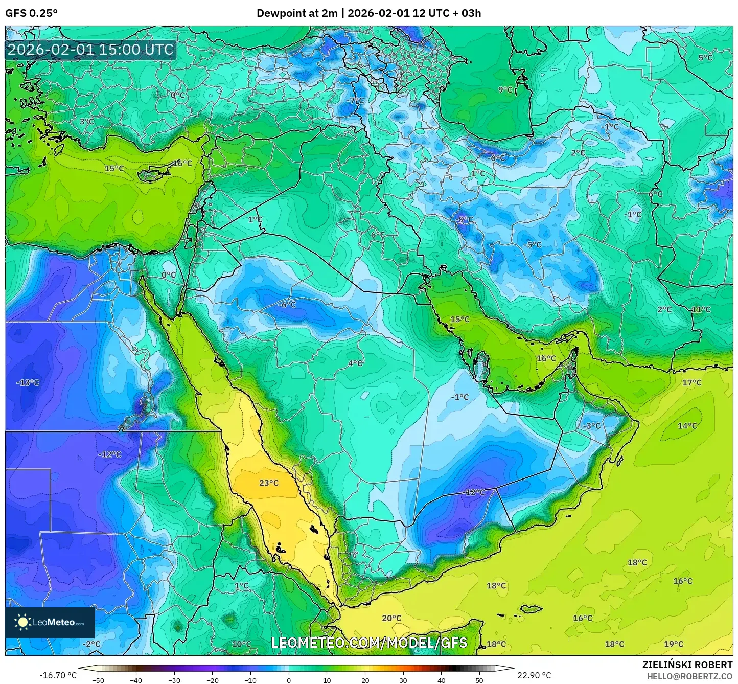 GFS model - Middle East, Dewpoint at 2m