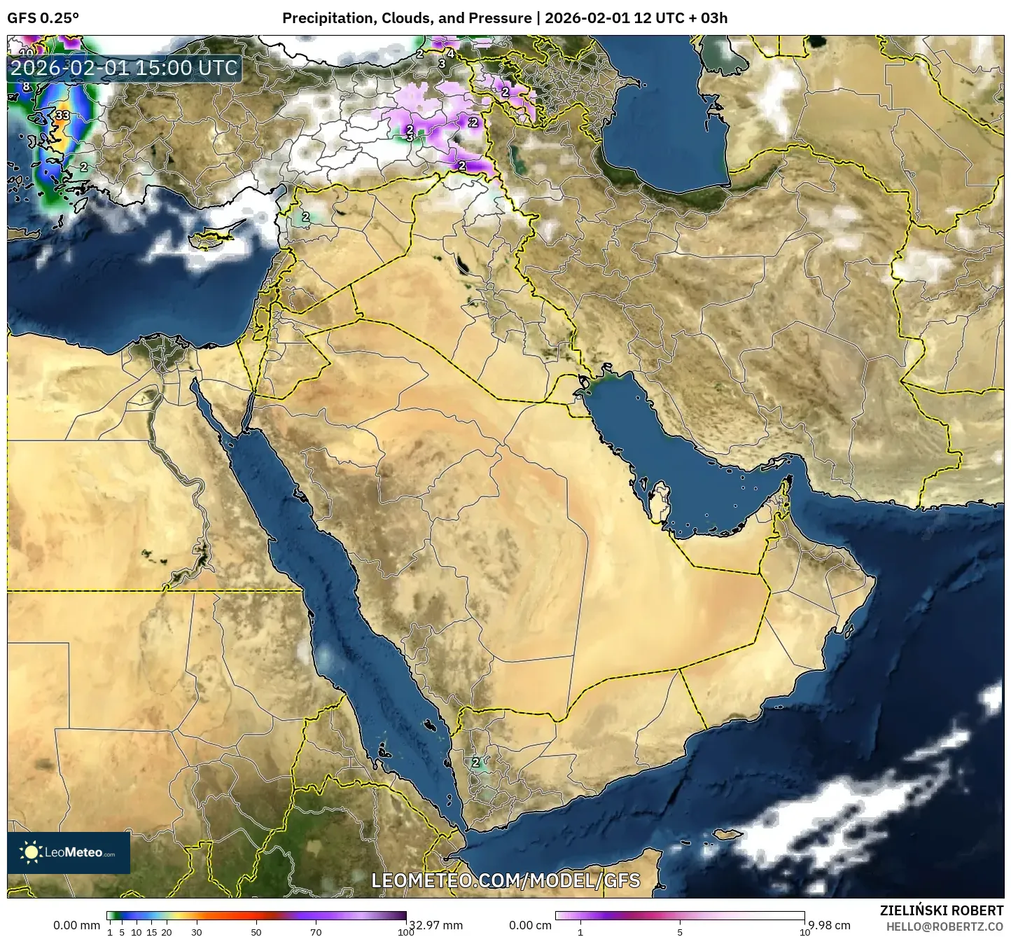 GFS model - Middle East, Precipitation, Clouds, and Pressure