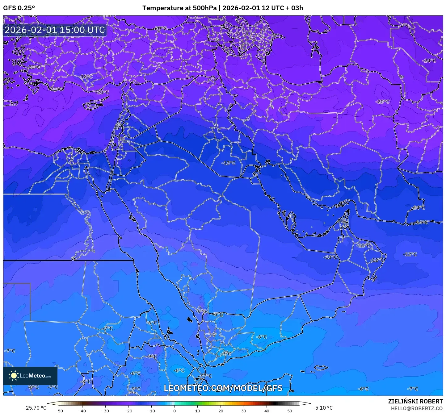 GFS model - Middle East, Temperature at 500hPa